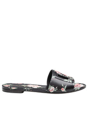 DOLCE & GABBANA MULTICOLOR LEATHER FLAT SLIPPER WITH ROSE PRINT