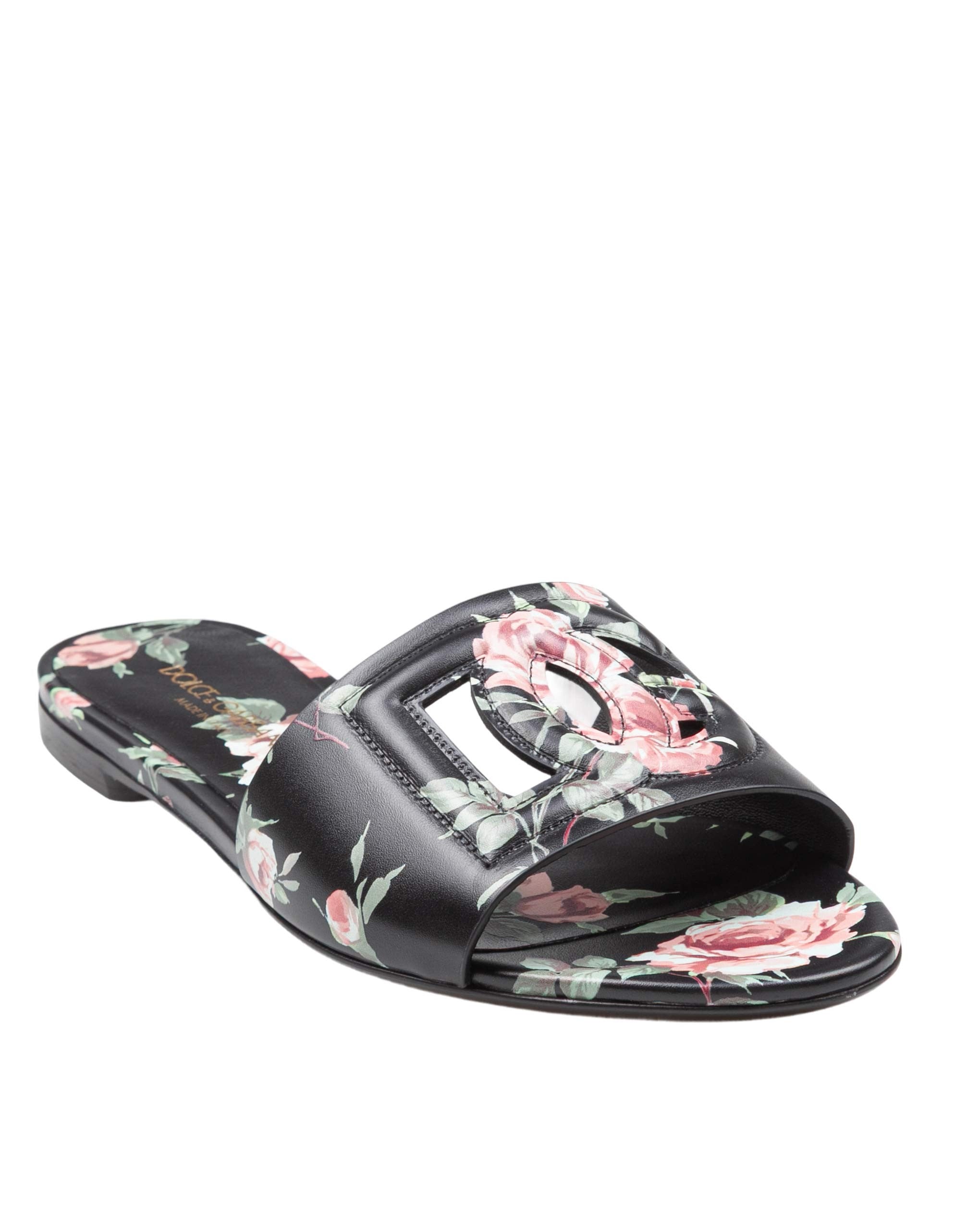 DOLCE & GABBANA MULTICOLOR LEATHER FLAT SLIPPER WITH ROSE PRINT