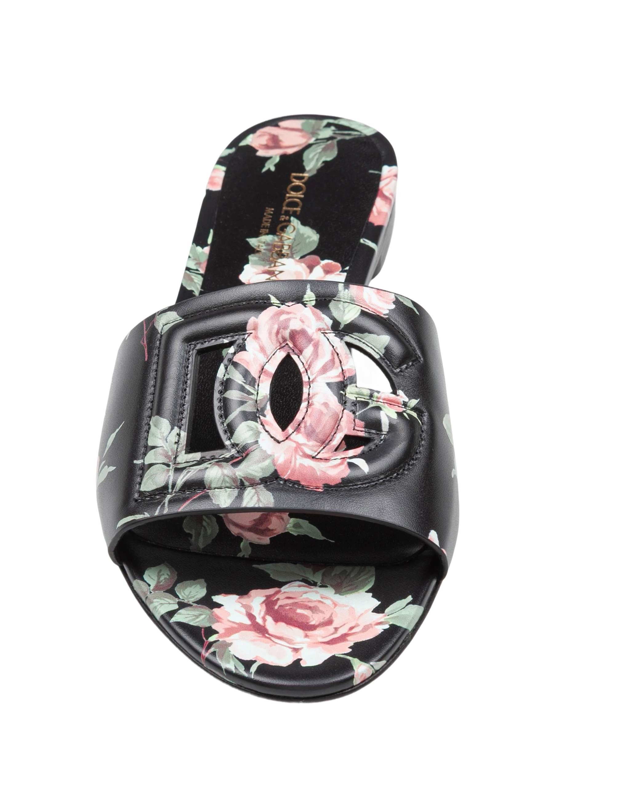 DOLCE & GABBANA MULTICOLOR LEATHER FLAT SLIPPER WITH ROSE PRINT