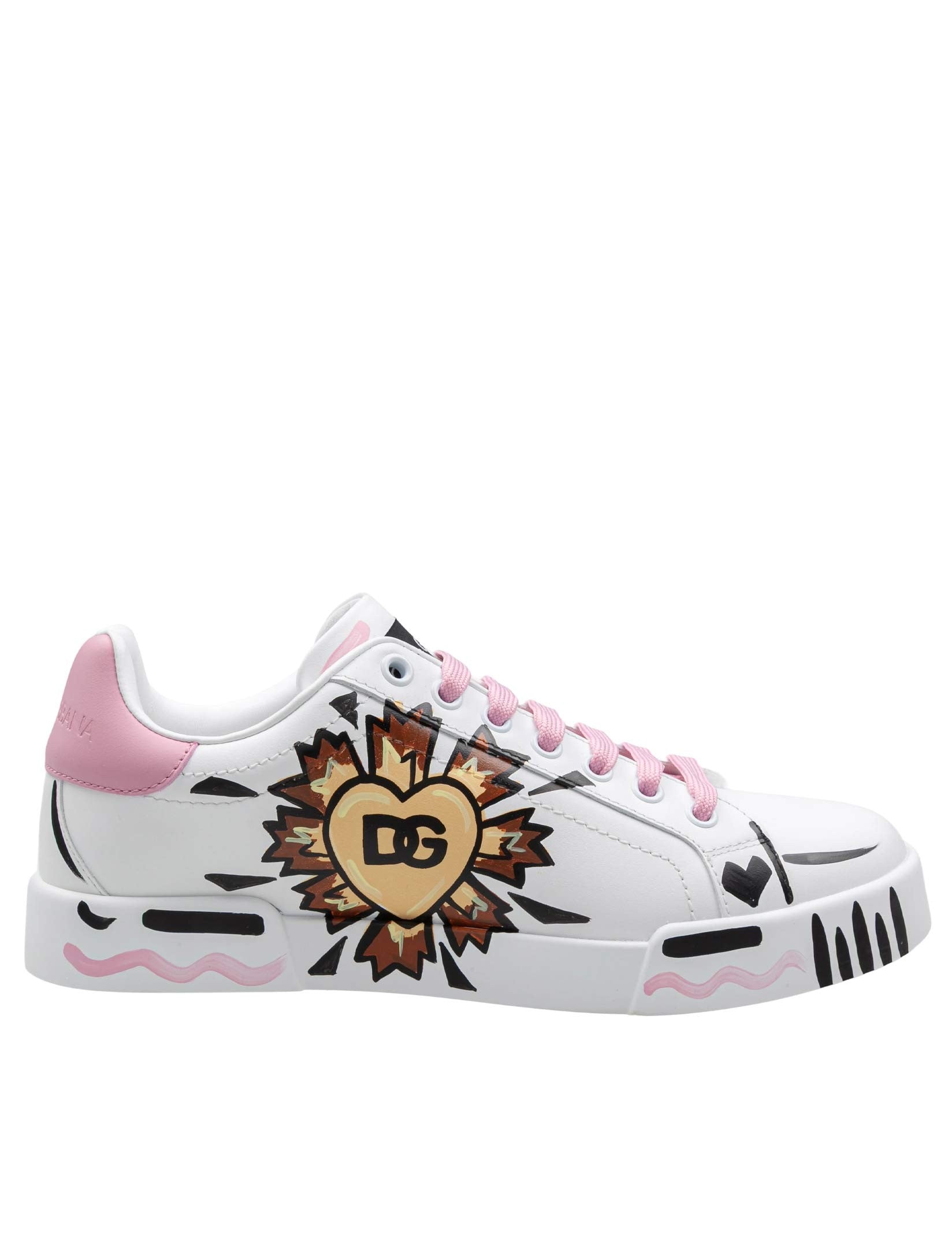 DOLCE & GABBANA HAND-PAINTED WHITE LEATHER SNEAKERS