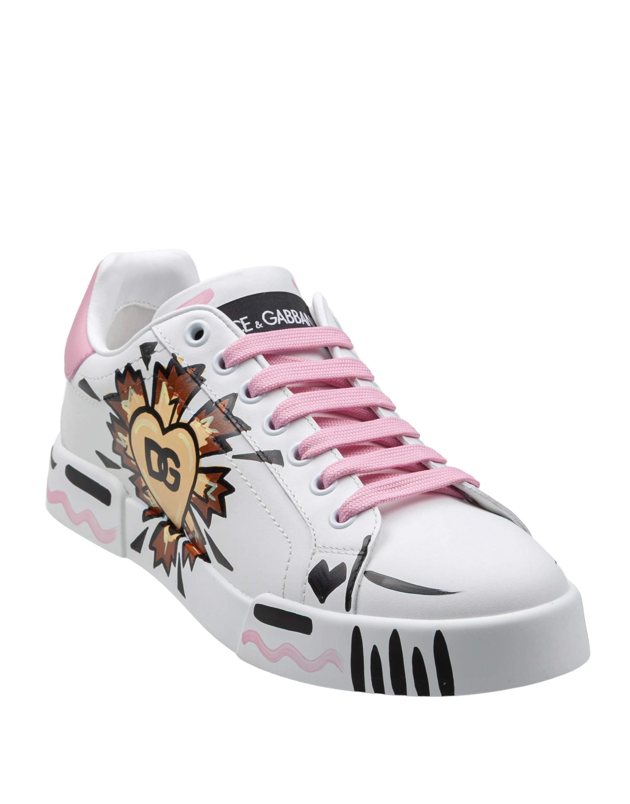 DOLCE & GABBANA HAND-PAINTED WHITE LEATHER SNEAKERS
