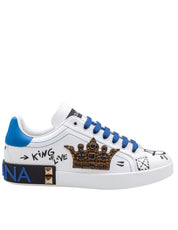 DOLCE & GABBANA PORTOFINO LEATHER SNEAKER WITH CONTRASTING GRAFFITI