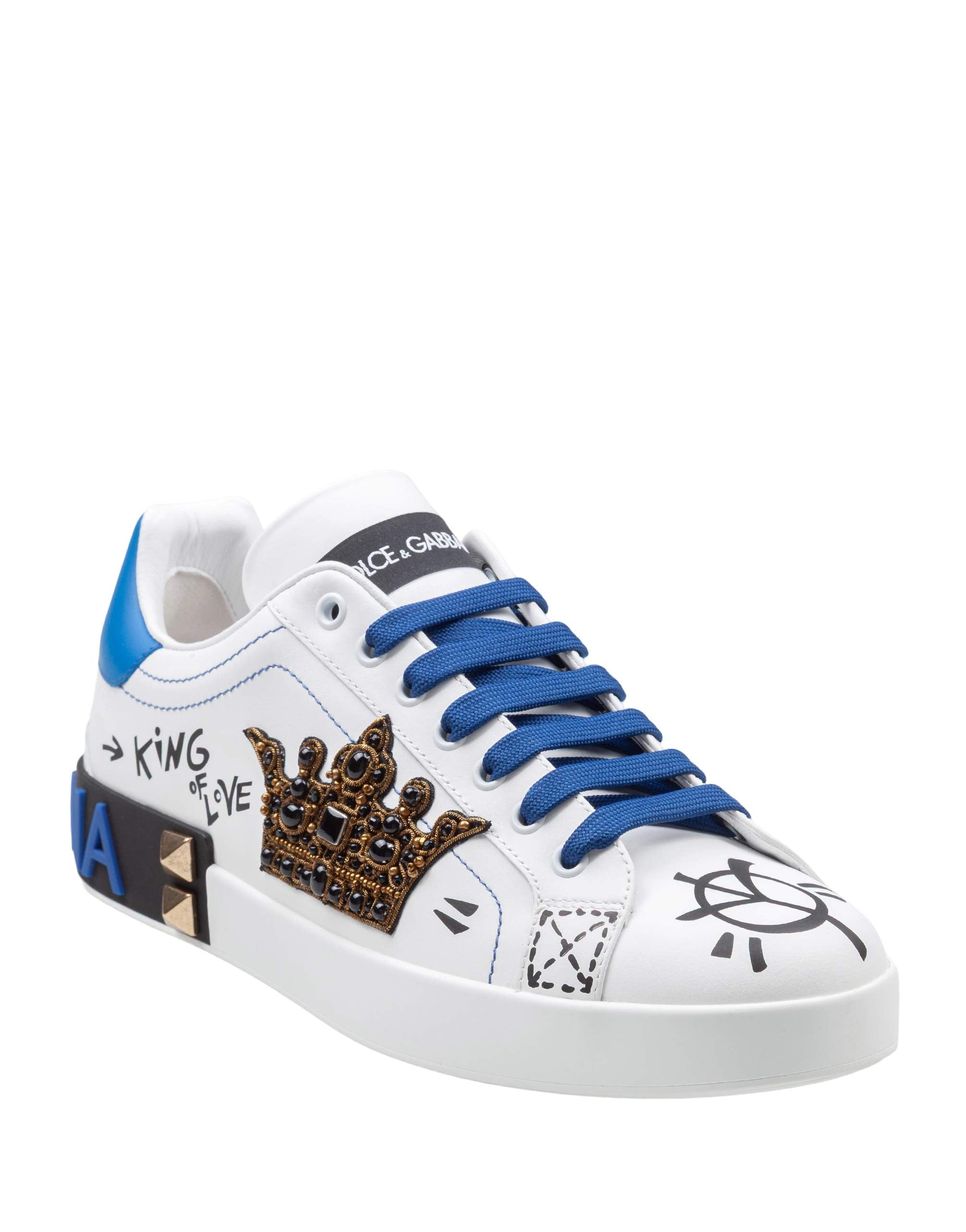 DOLCE & GABBANA PORTOFINO LEATHER SNEAKER WITH CONTRASTING GRAFFITI