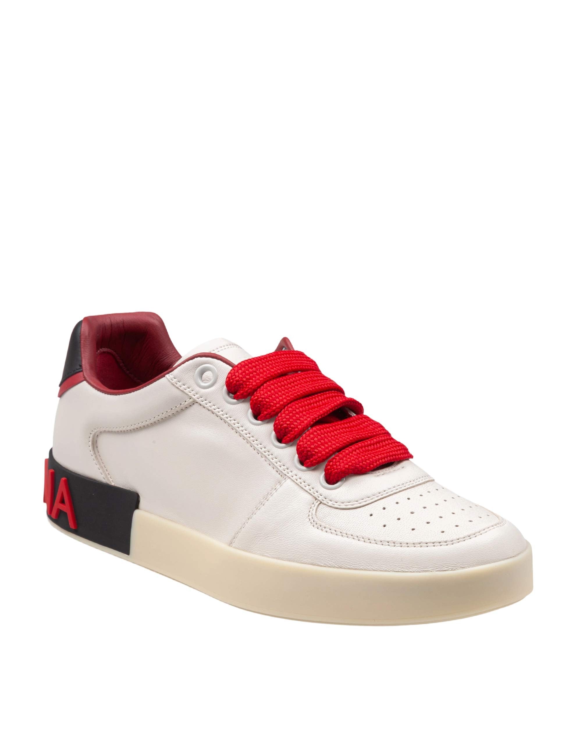 DOLCE & GABBANA PORTOFINO NAPPA LEATHER SNEAKERS IN CREAM AND RED