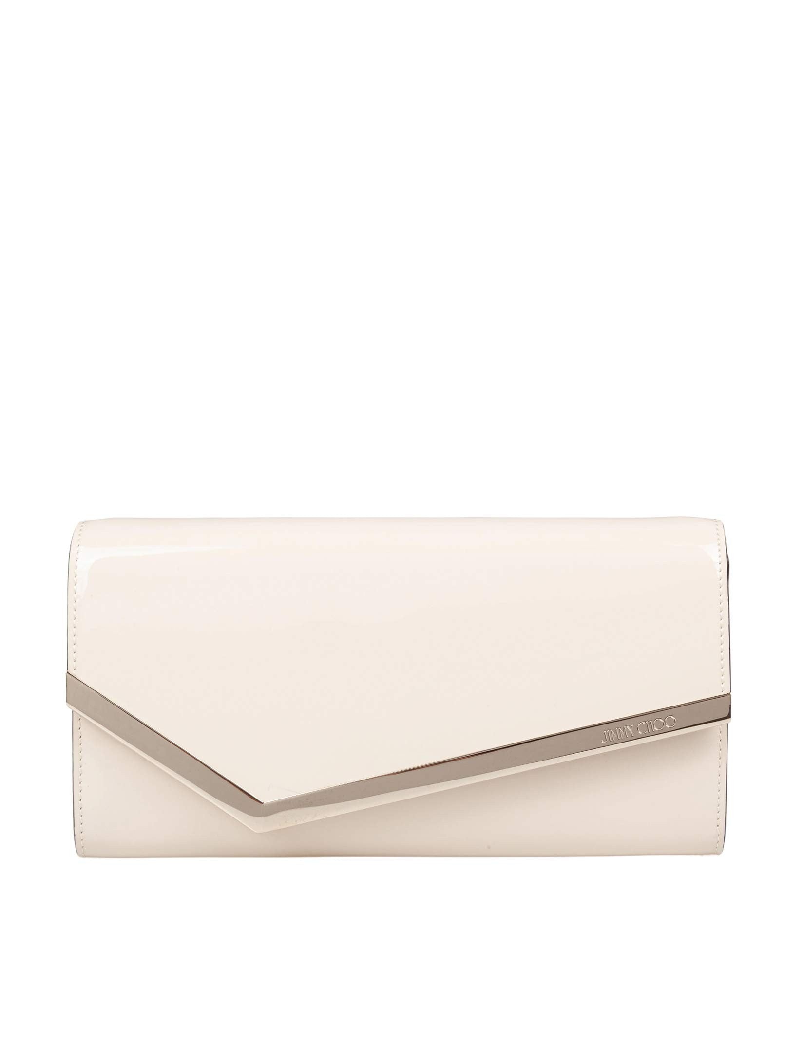 JIMMY CHOO EMMIE PAT PATENT LEATHER CLUTCH, MILK COLOR