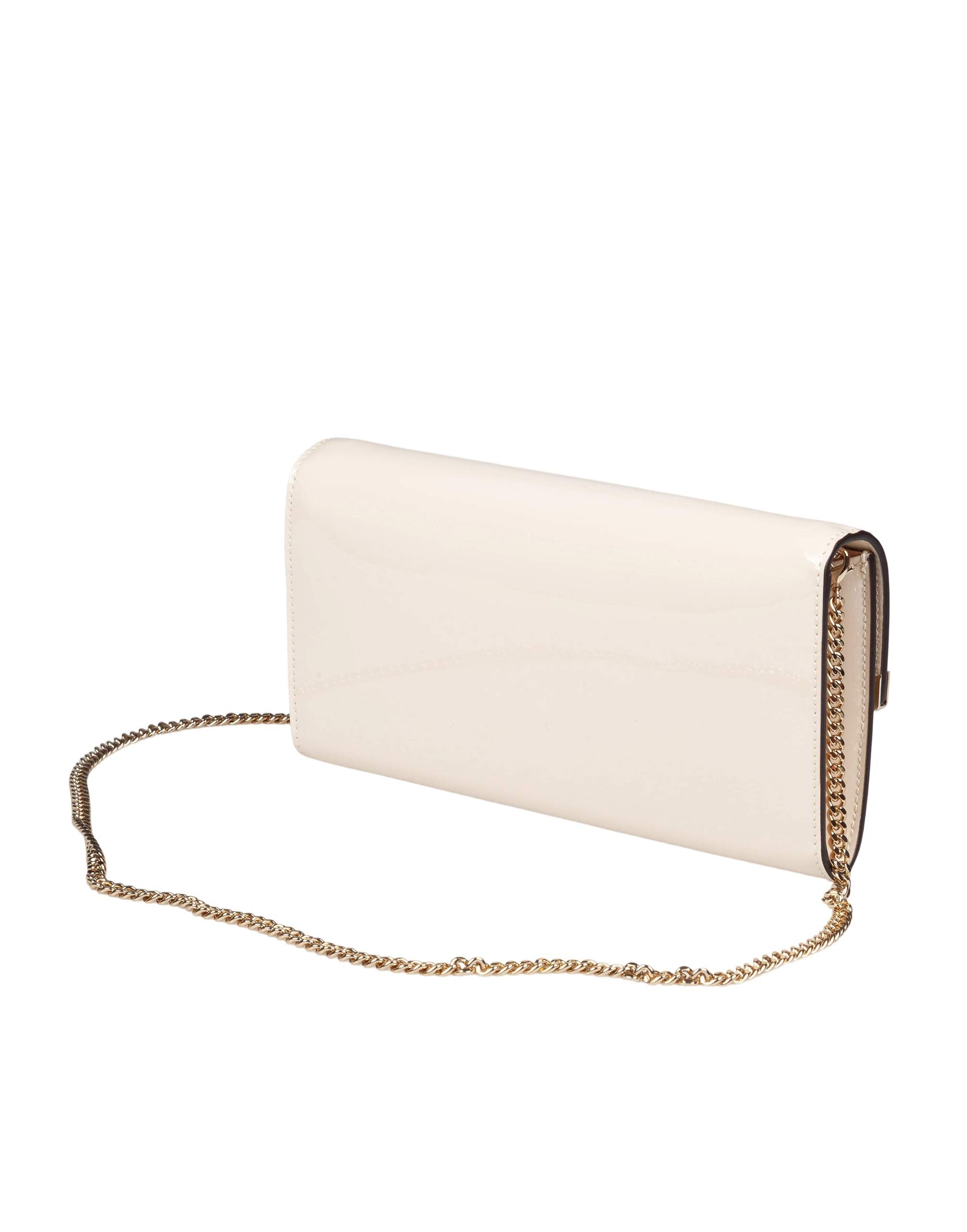 JIMMY CHOO EMMIE PAT PATENT LEATHER CLUTCH, MILK COLOR