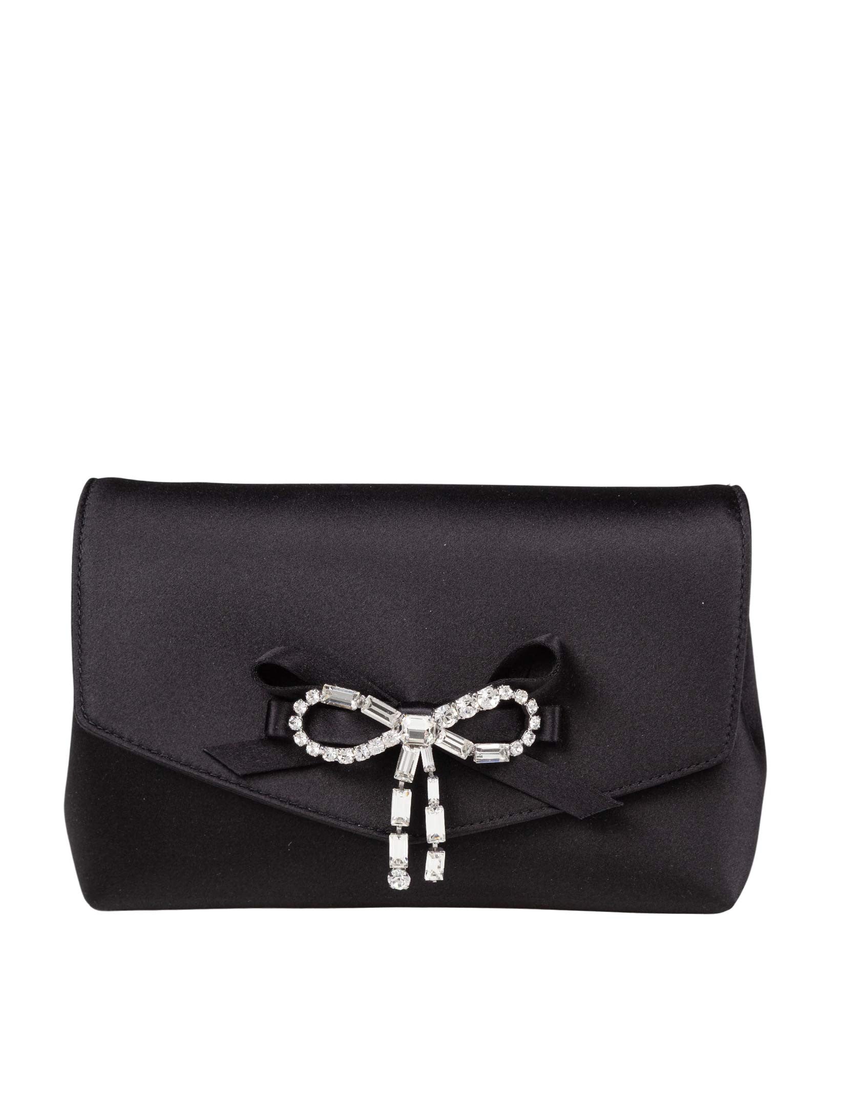 JIMMY CHOO MINI BORSA SOFT BOW IN RASO NERO CON FIOCCO DECORATO CON CRISTALLI