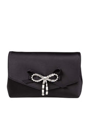JIMMY CHOO MINI BORSA SOFT BOW IN RASO NERO CON FIOCCO DECORATO CON CRISTALLI