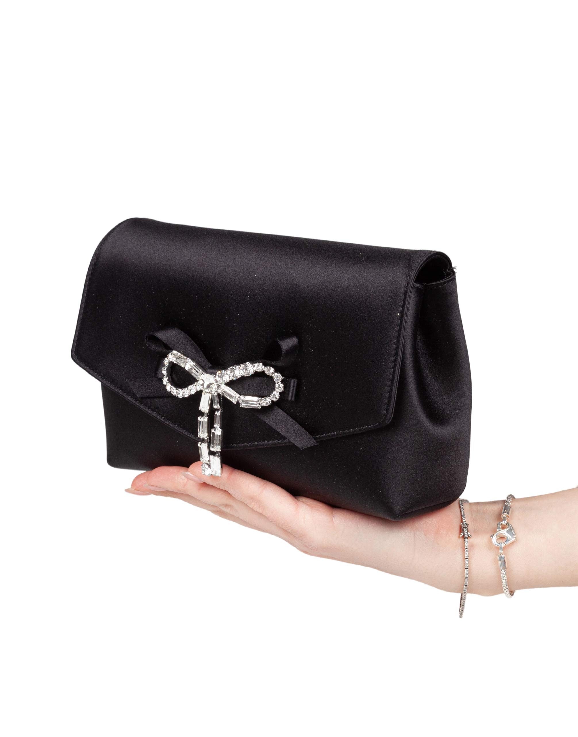 JIMMY CHOO MINI BORSA SOFT BOW IN RASO NERO CON FIOCCO DECORATO CON CRISTALLI