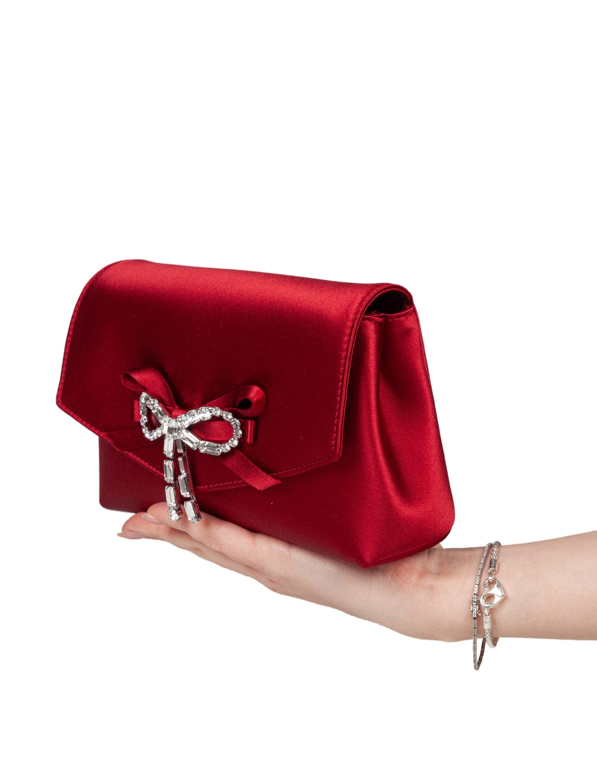 JIMMY CHOO MINI SOFT BOW BAG IN BLACK RUBY WITH CRYSTAL-DECORATED BOW
