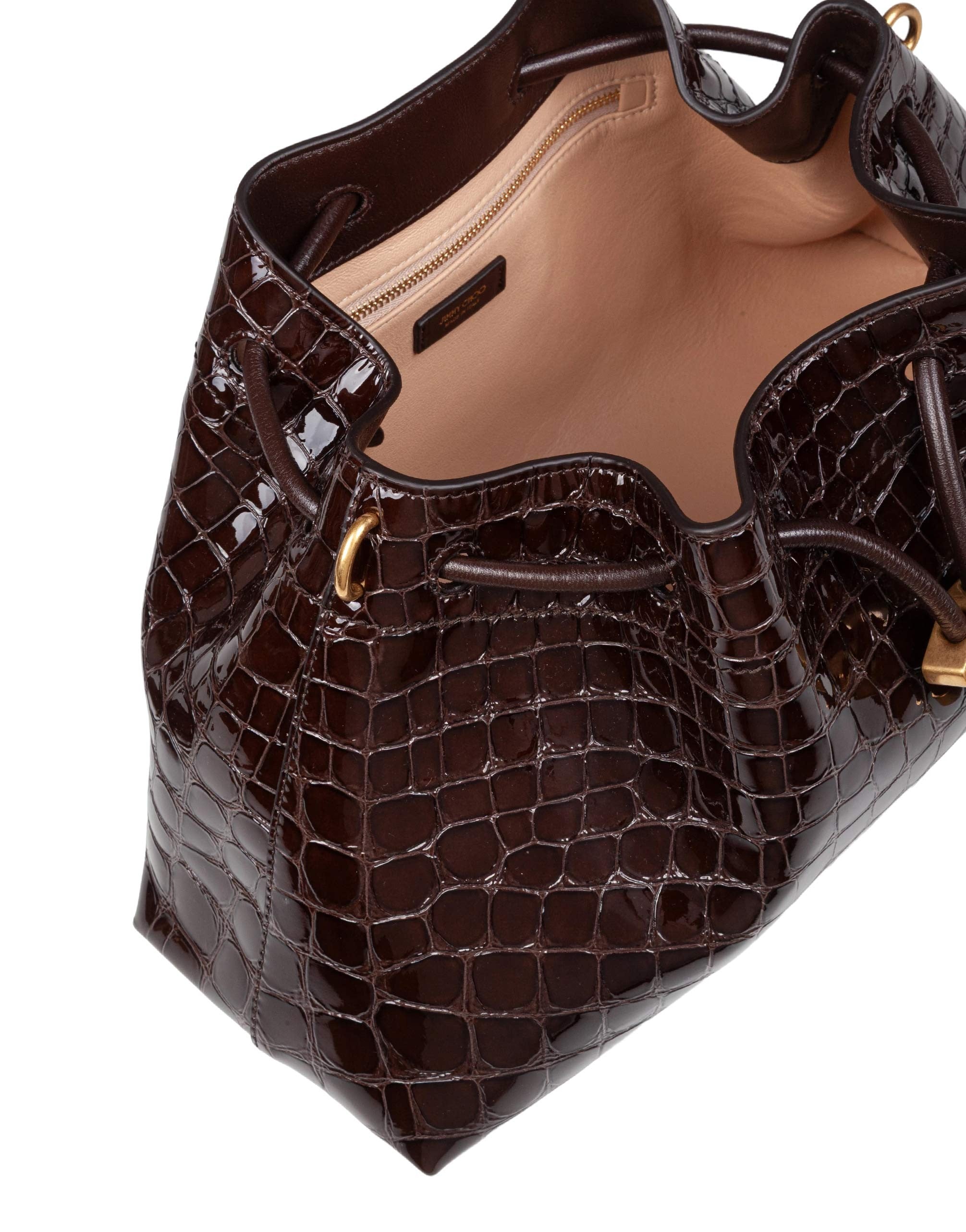 JIMMY CHOO BORSA A SPALLA CINCH M BCKT IN PELLE MARRONE EFFETTO COCCODRILLO