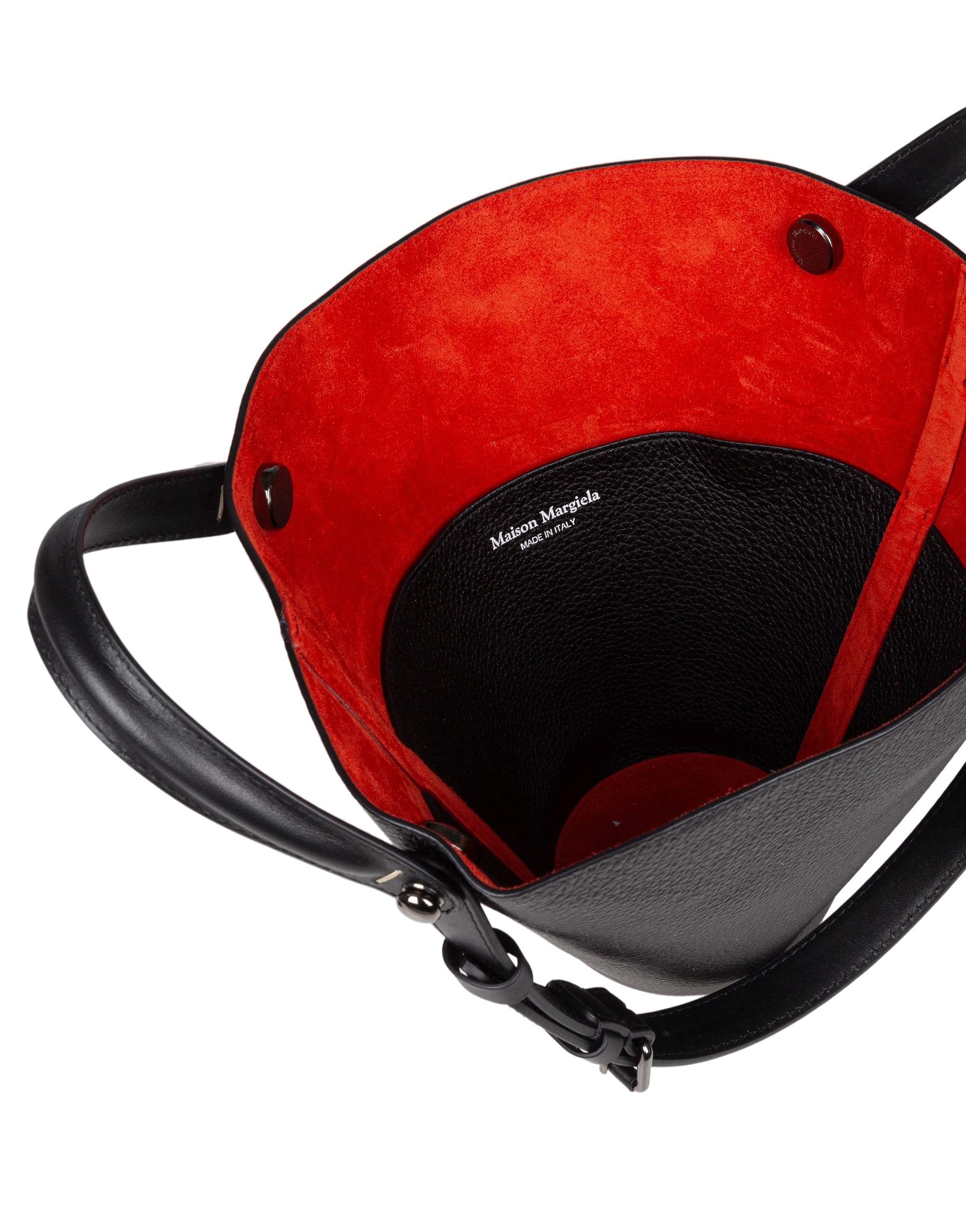 MAISON MARGIELA SMALL DRESS-AGE LEATHER BUCKET BAG IN BLACK AND RED