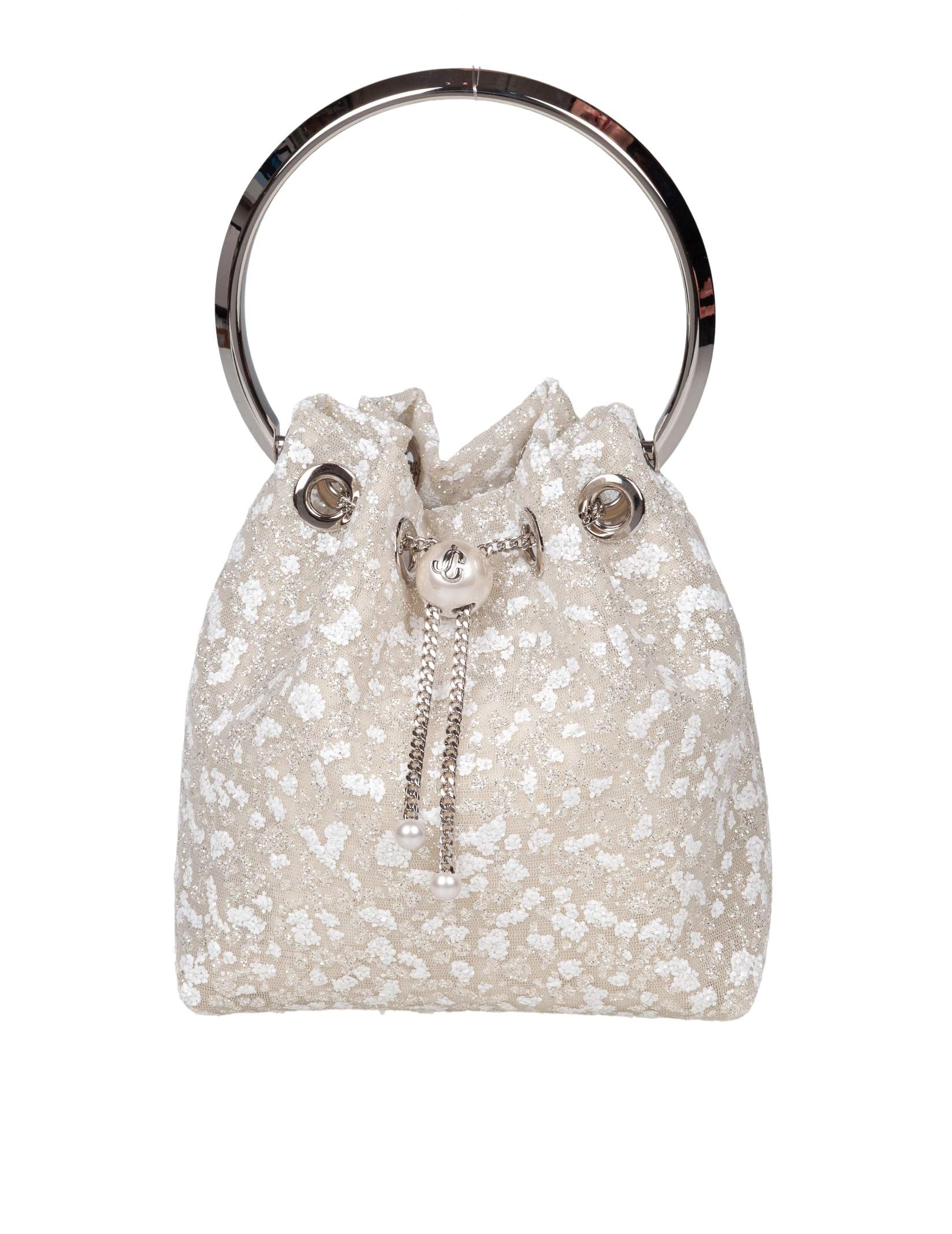 JIMMY CHOO BON BON ZGZ MESH HANDBAG IN IVORY WITH MICRO-CRYSTAL APPLIQUES