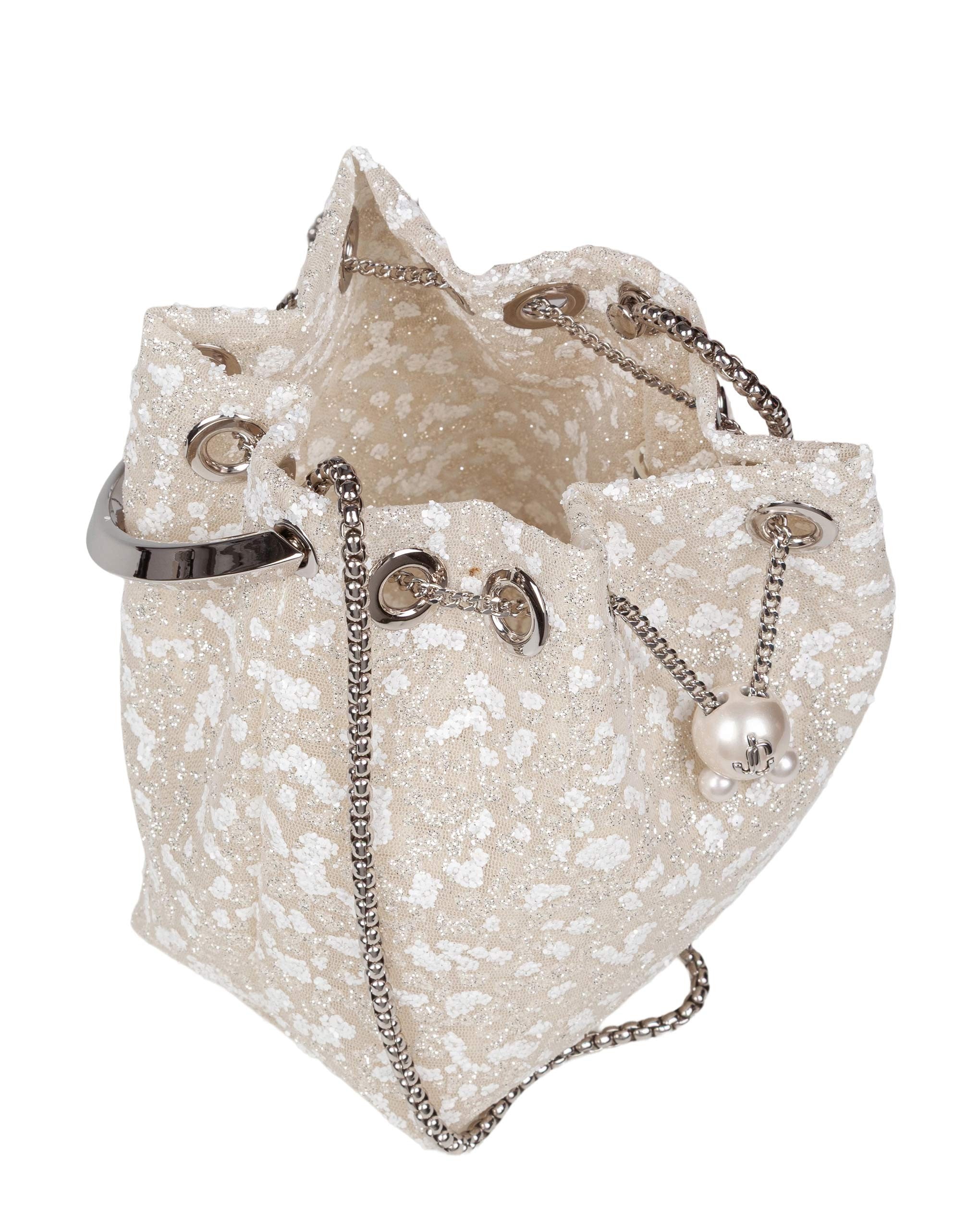 JIMMY CHOO BON BON ZGZ MESH HANDBAG IN IVORY WITH MICRO-CRYSTAL APPLIQUES