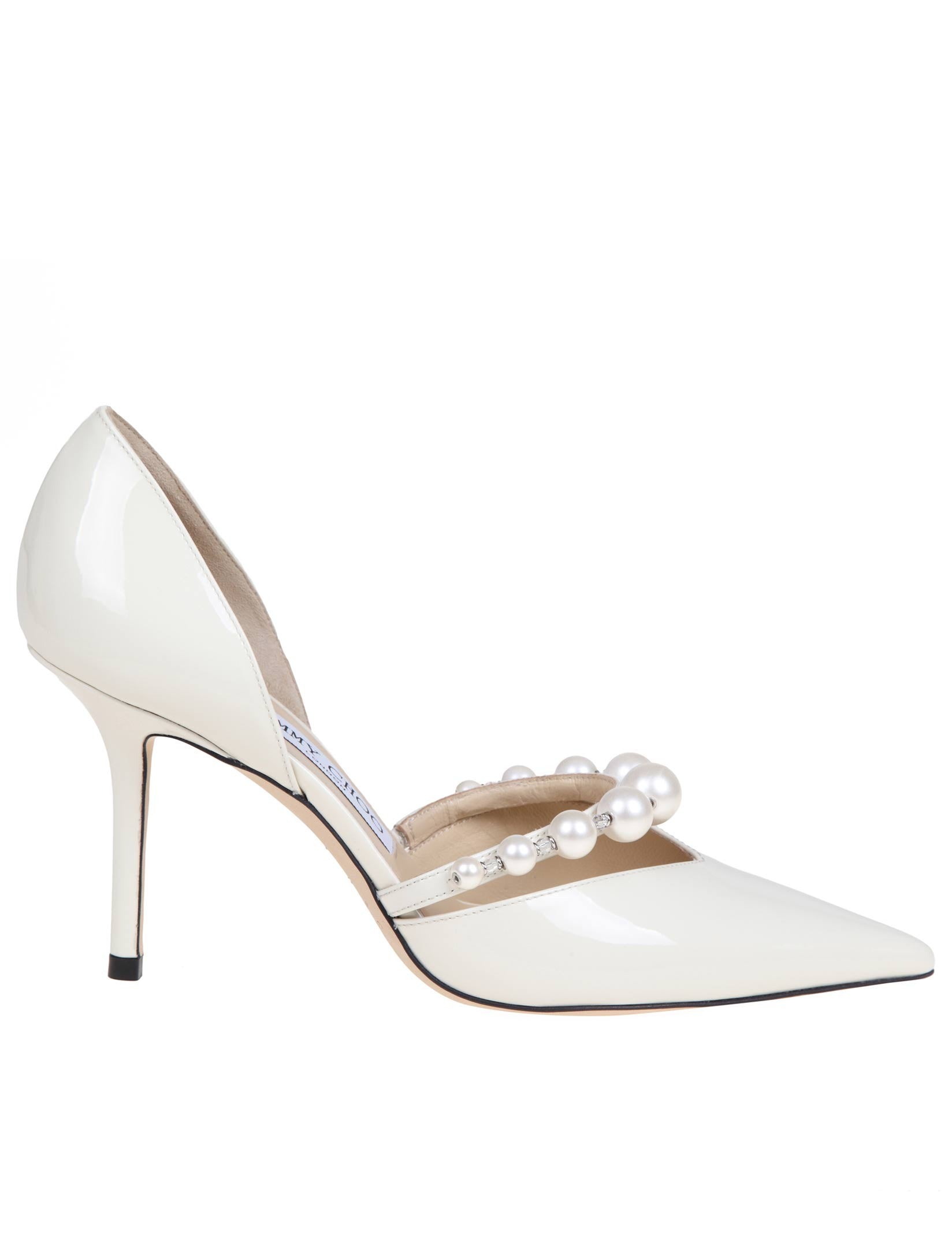 JIMMY CHOO AURELIE 85 DECOLLETE' IN PELLE VERNICIATA CON PERLE APPLICATE