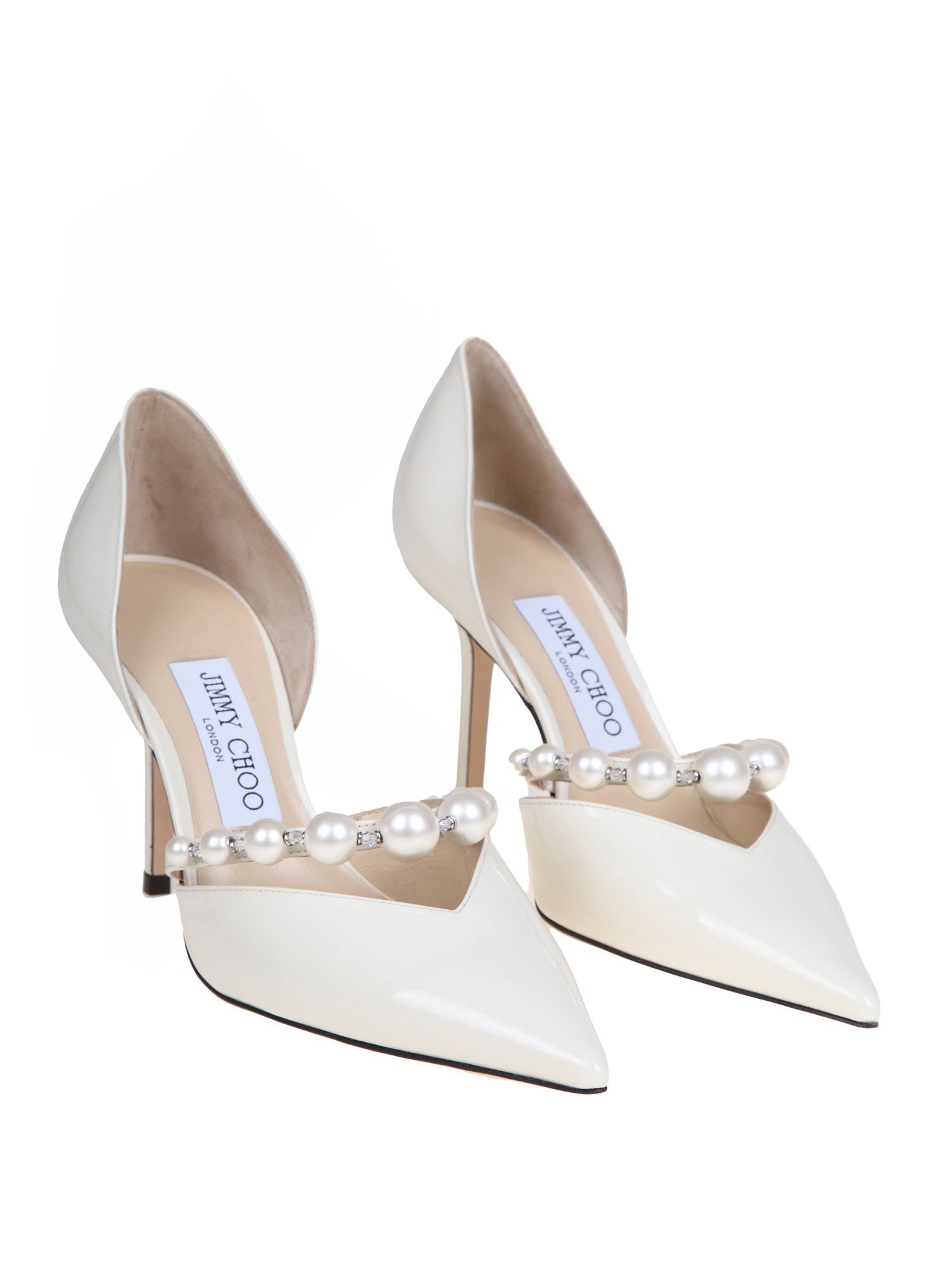 JIMMY CHOO AURELIE 85 DECOLLETE' IN PELLE VERNICIATA CON PERLE APPLICATE