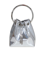 JIMMY CHOO BON BON BUCKET BAG IN SILVER MIRROR LEATHER