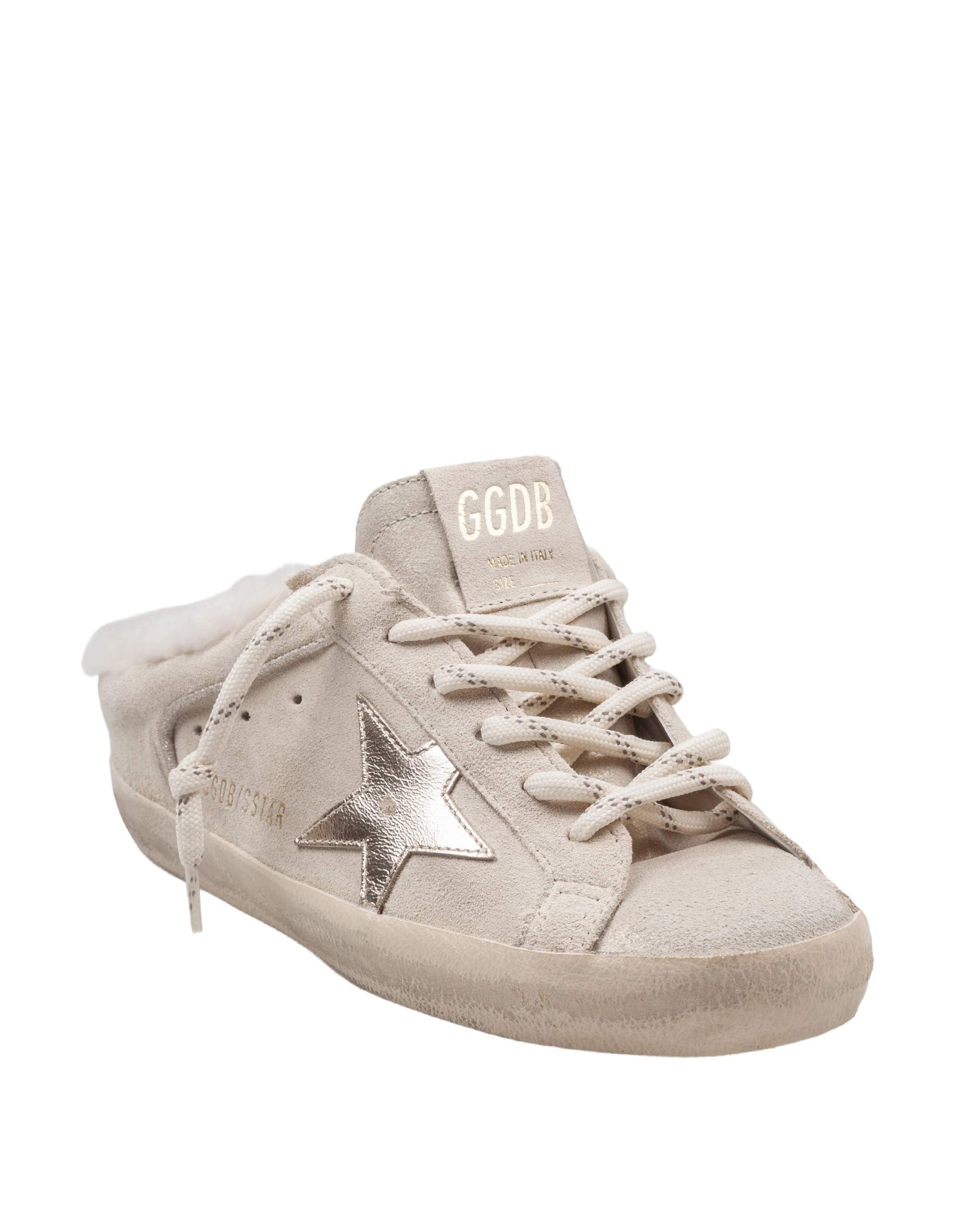 GOLDEN GOOSE SUPER STAR SABOT DOUBLE QUARTER IN CAMOSCIO COLORE BIANCO E PLATINO