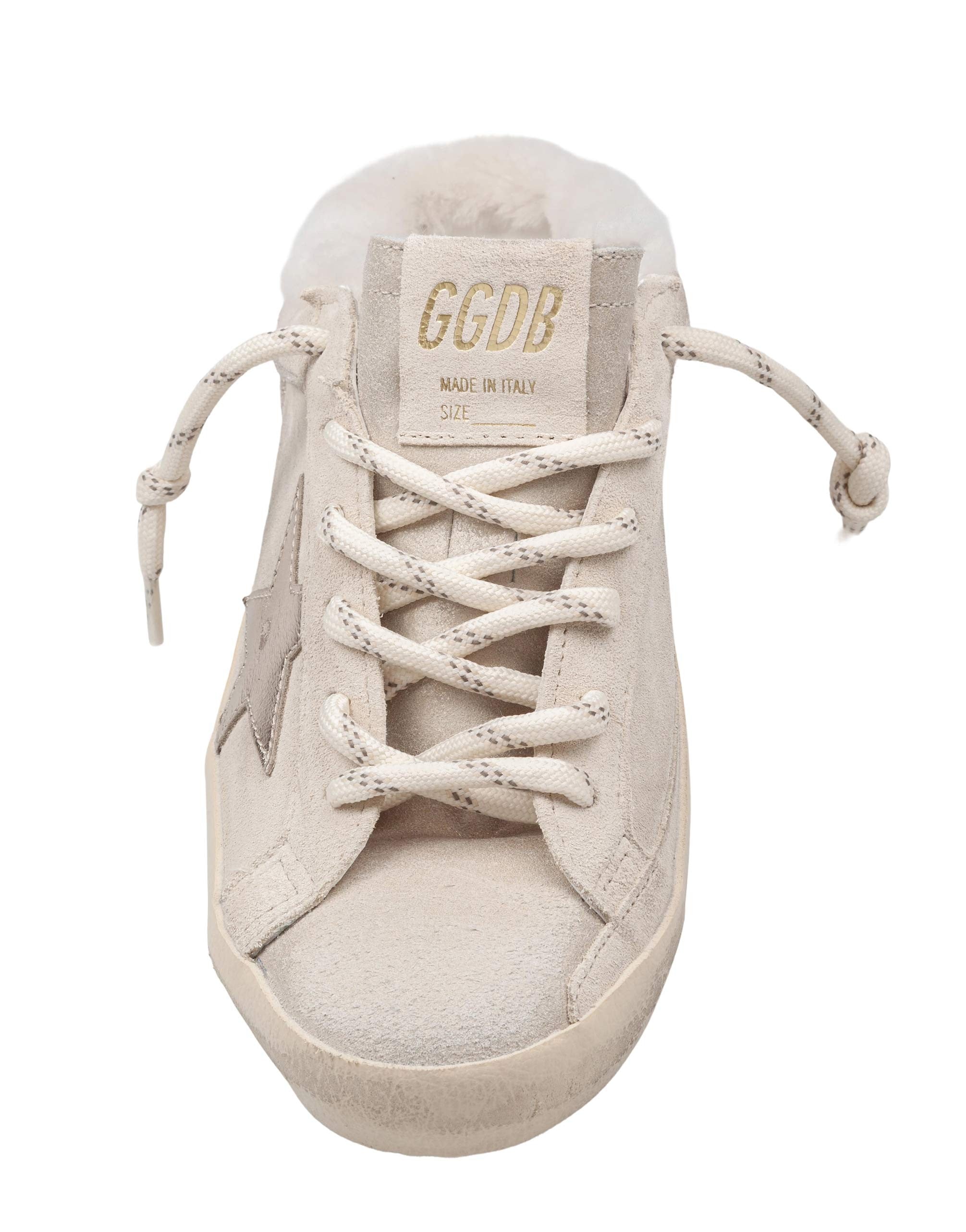 GOLDEN GOOSE SUPER STAR SABOT DOUBLE QUARTER IN CAMOSCIO COLORE BIANCO E PLATINO