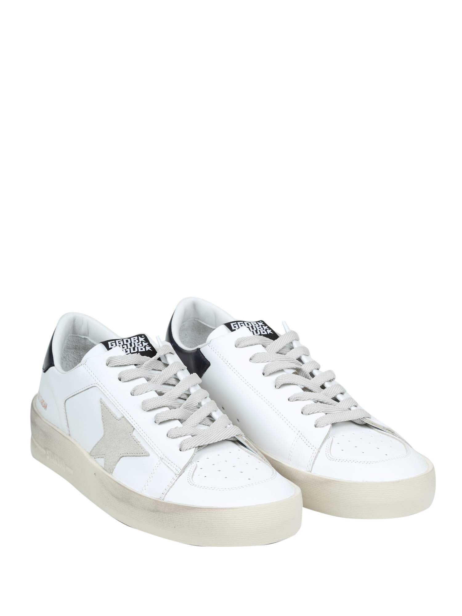 GOLDEN GOOSE STARDAN LEATHER SNEAKERS, WHITE AND BLUE