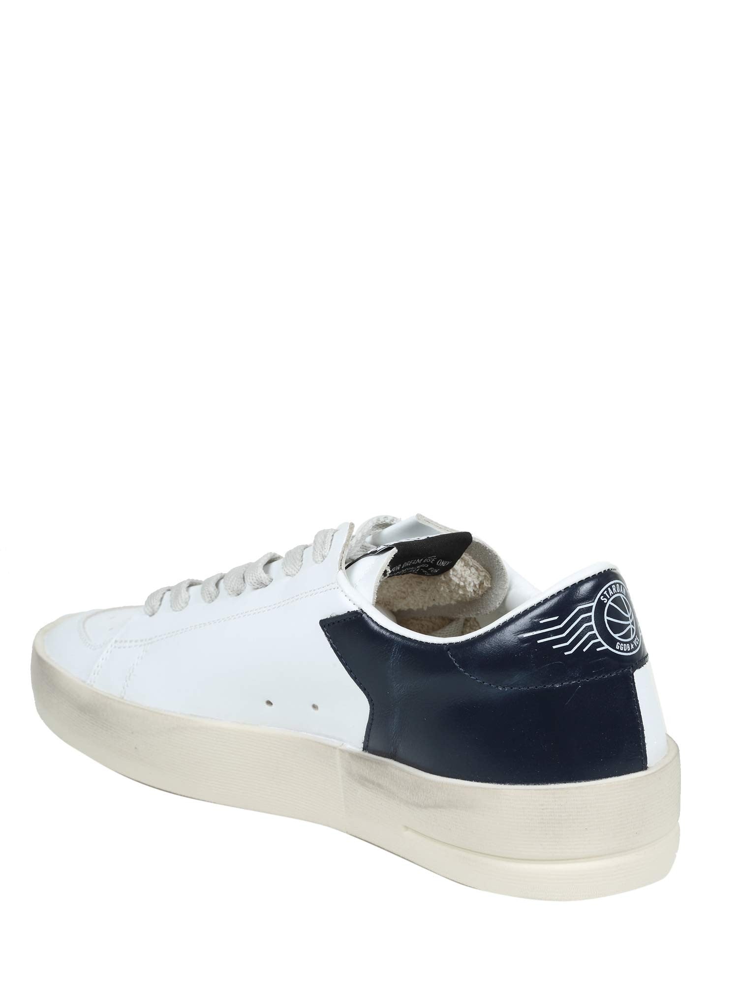 GOLDEN GOOSE STARDAN LEATHER SNEAKERS, WHITE AND BLUE