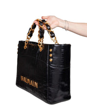 BALMAIN 1945 SOFT CABAS SHOPPING BAG IN BLACK LEATHER
