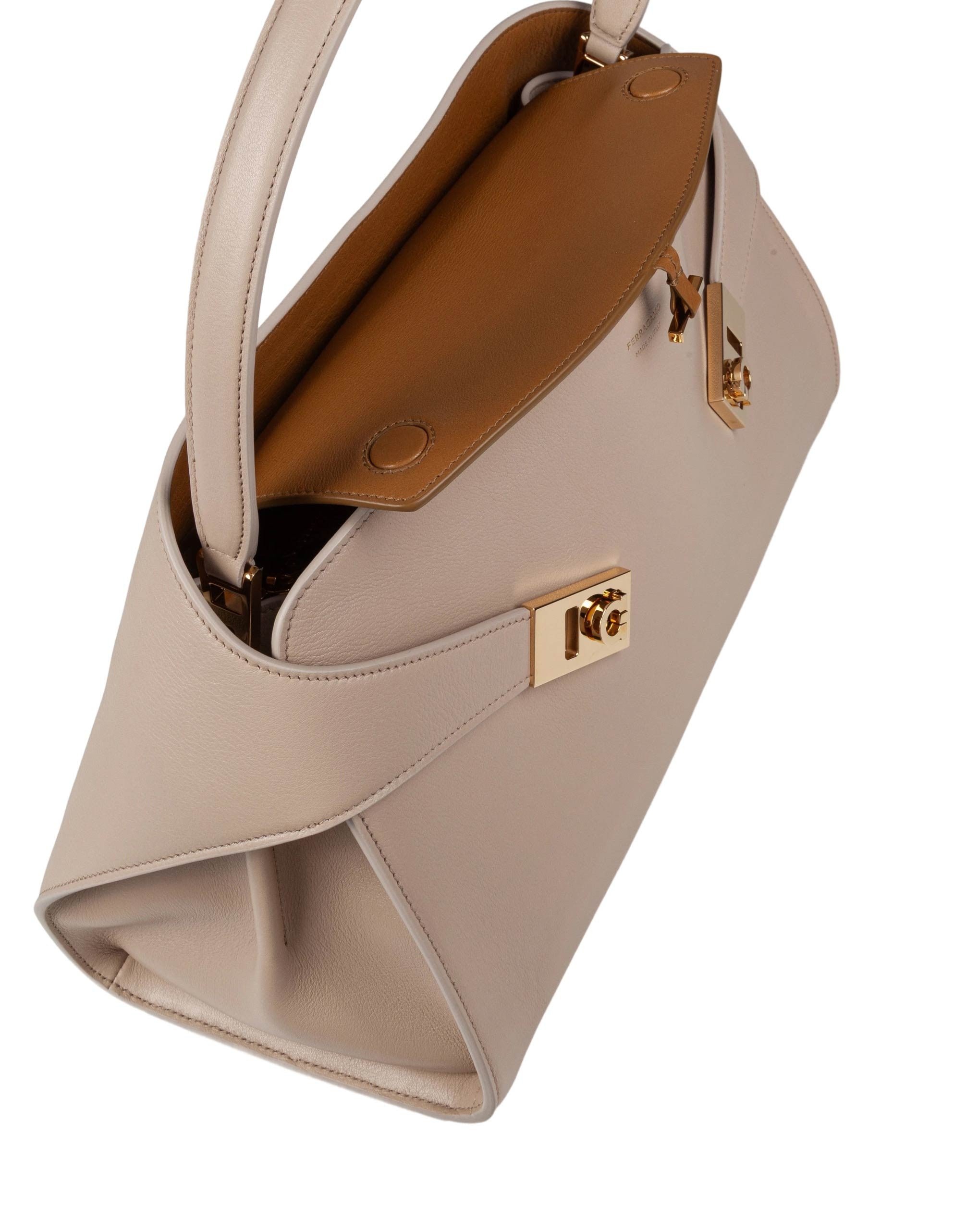 FERRAGAMO HUG SH LEATHER SHOULDER BAG, STONE COLOR