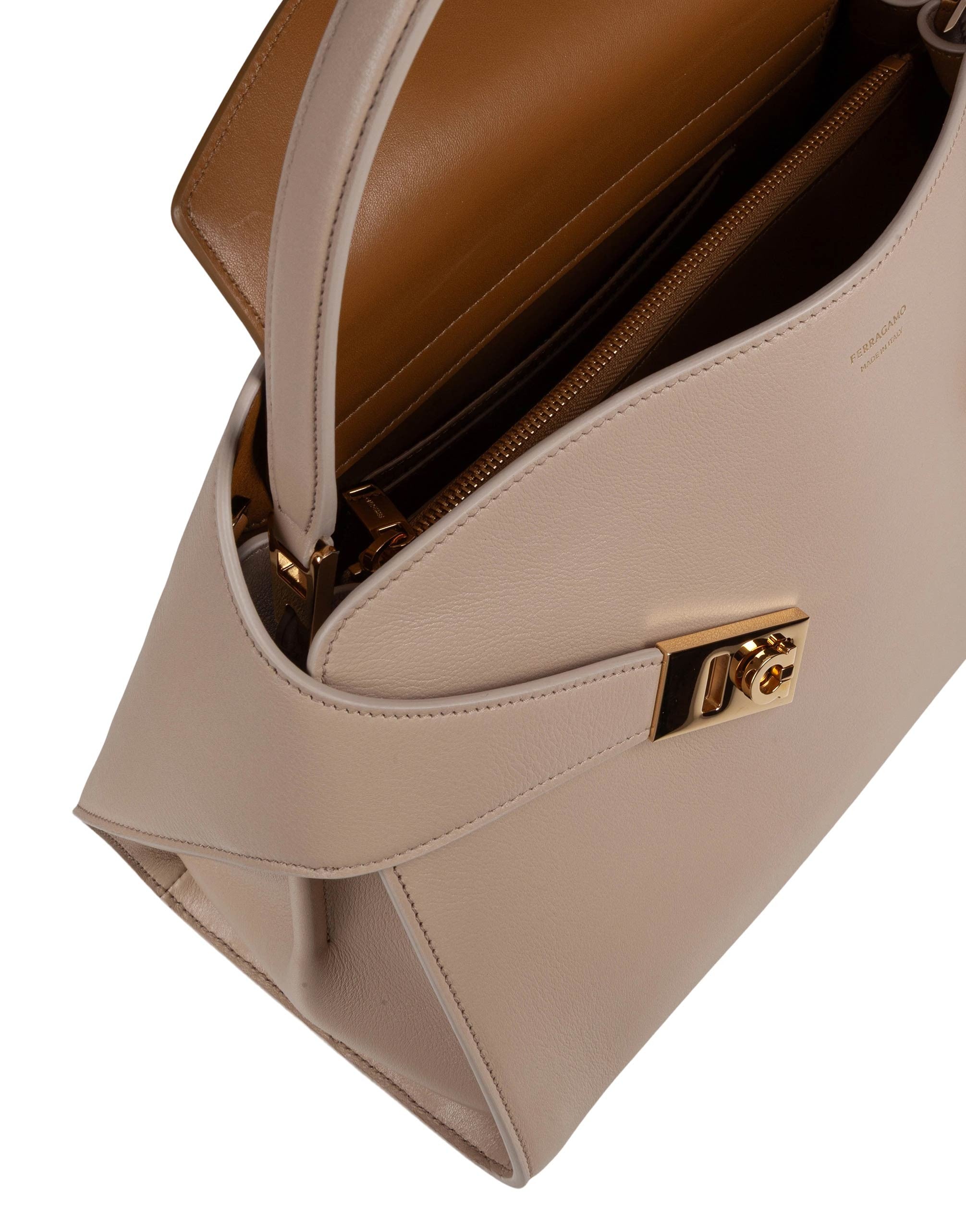 FERRAGAMO HUG SH LEATHER SHOULDER BAG, STONE COLOR