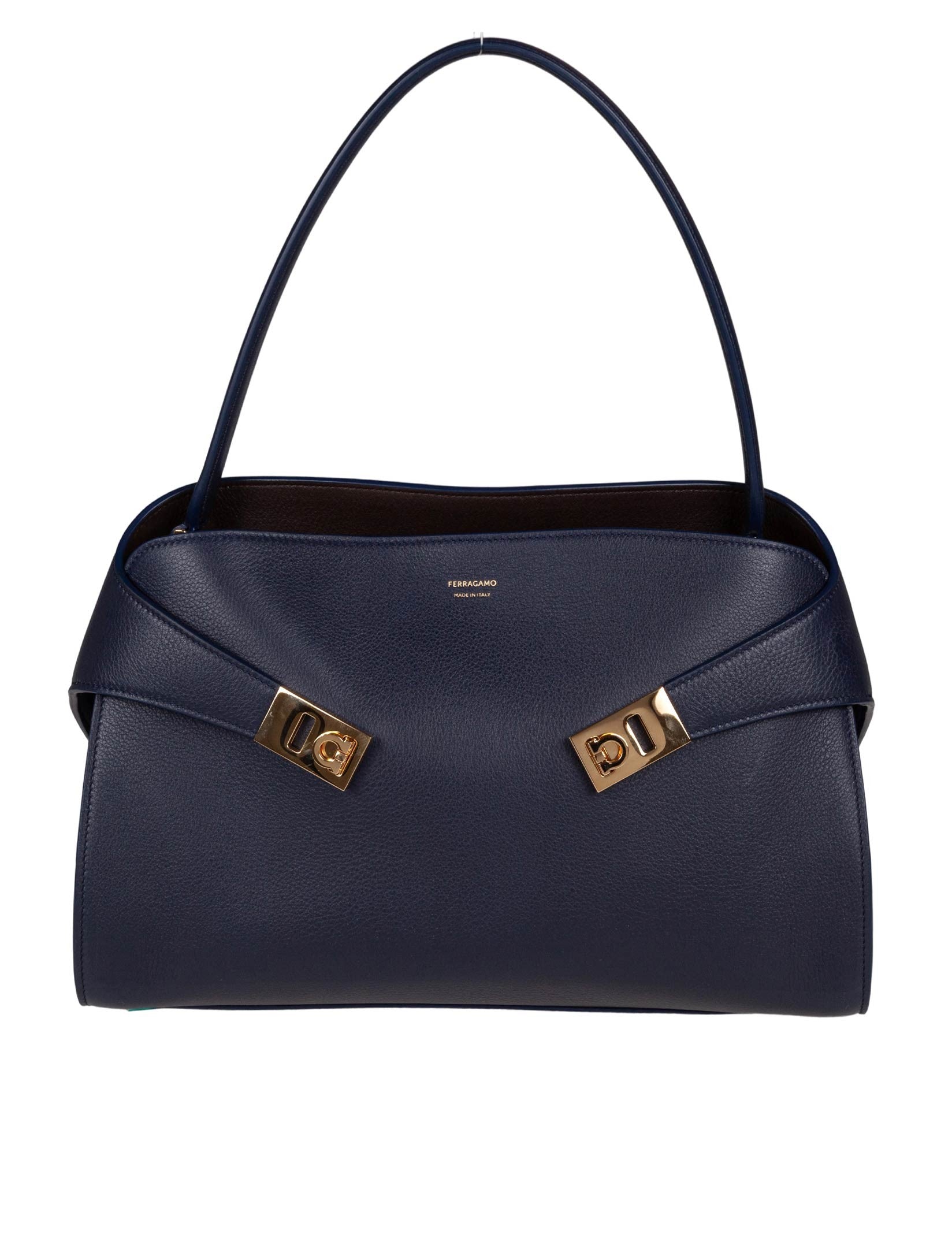 FERRAGAMO HUG SH LEATHER SHOULDER BAG, BLUE