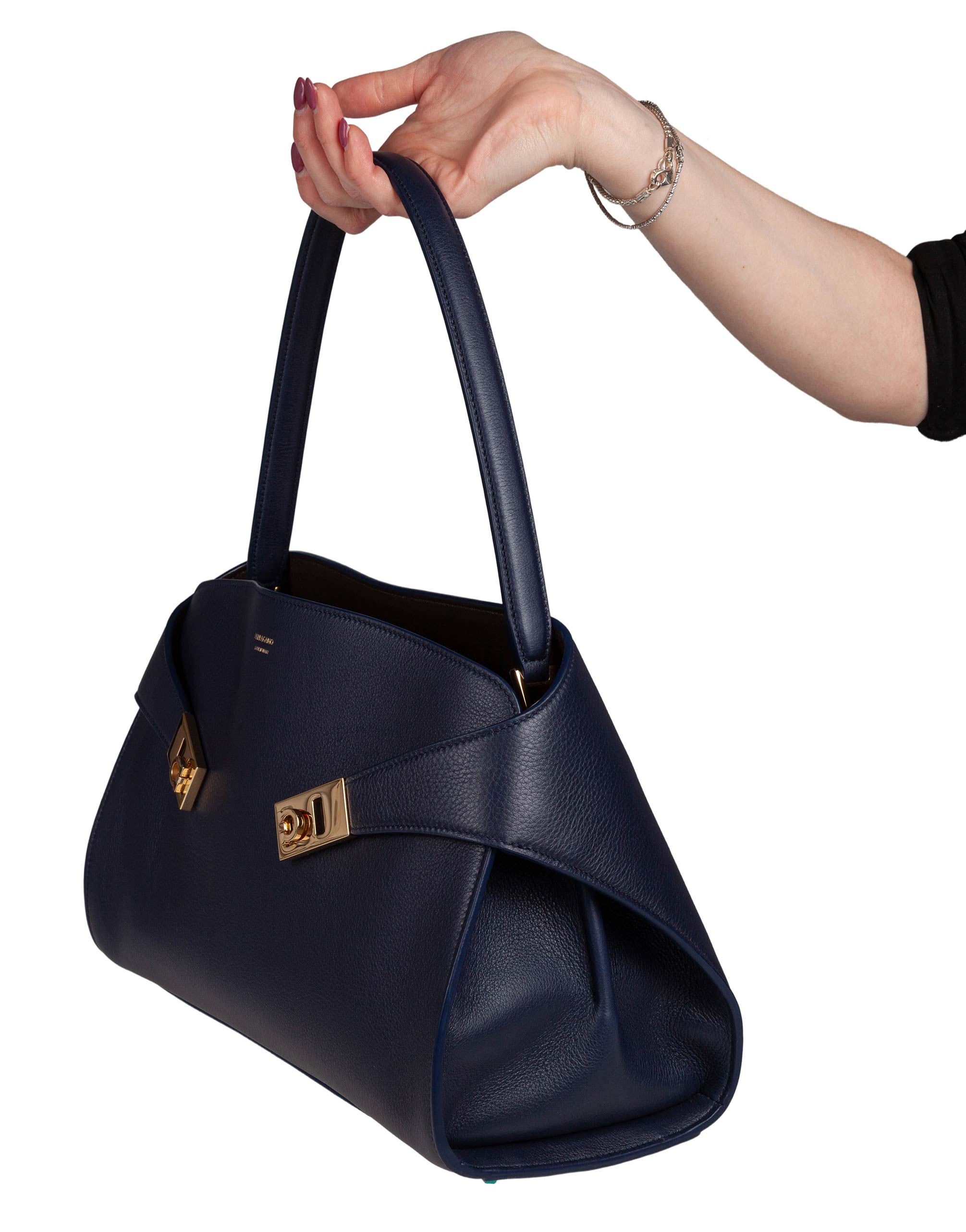 FERRAGAMO HUG SH LEATHER SHOULDER BAG, BLUE