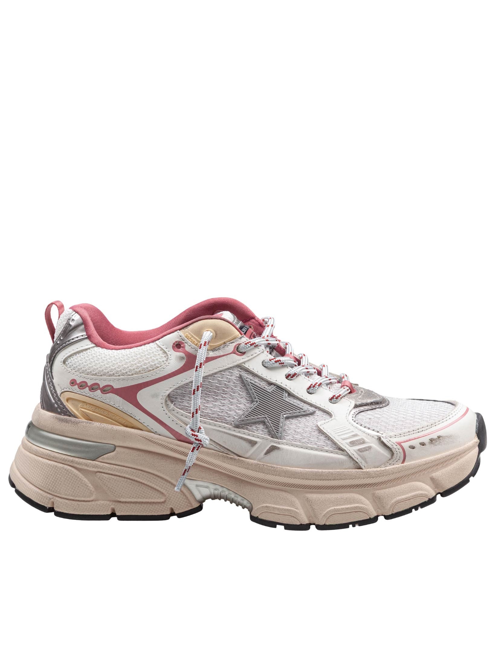 GOLDEN GOOSE LIGHTSTAR MESH AND LEATHER SNEAKERS IN WHITE AND SILVER
