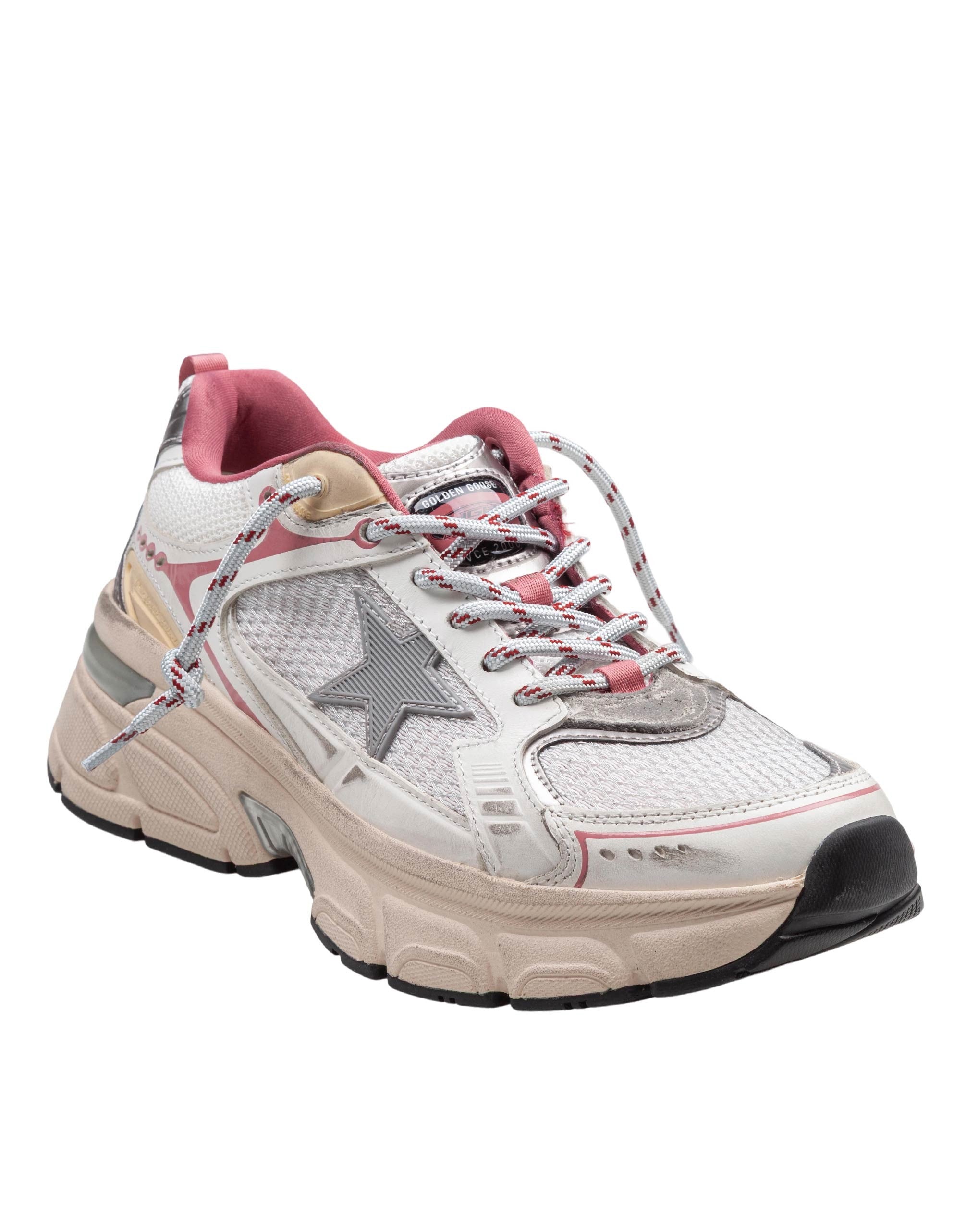 GOLDEN GOOSE LIGHTSTAR MESH AND LEATHER SNEAKERS IN WHITE AND SILVER