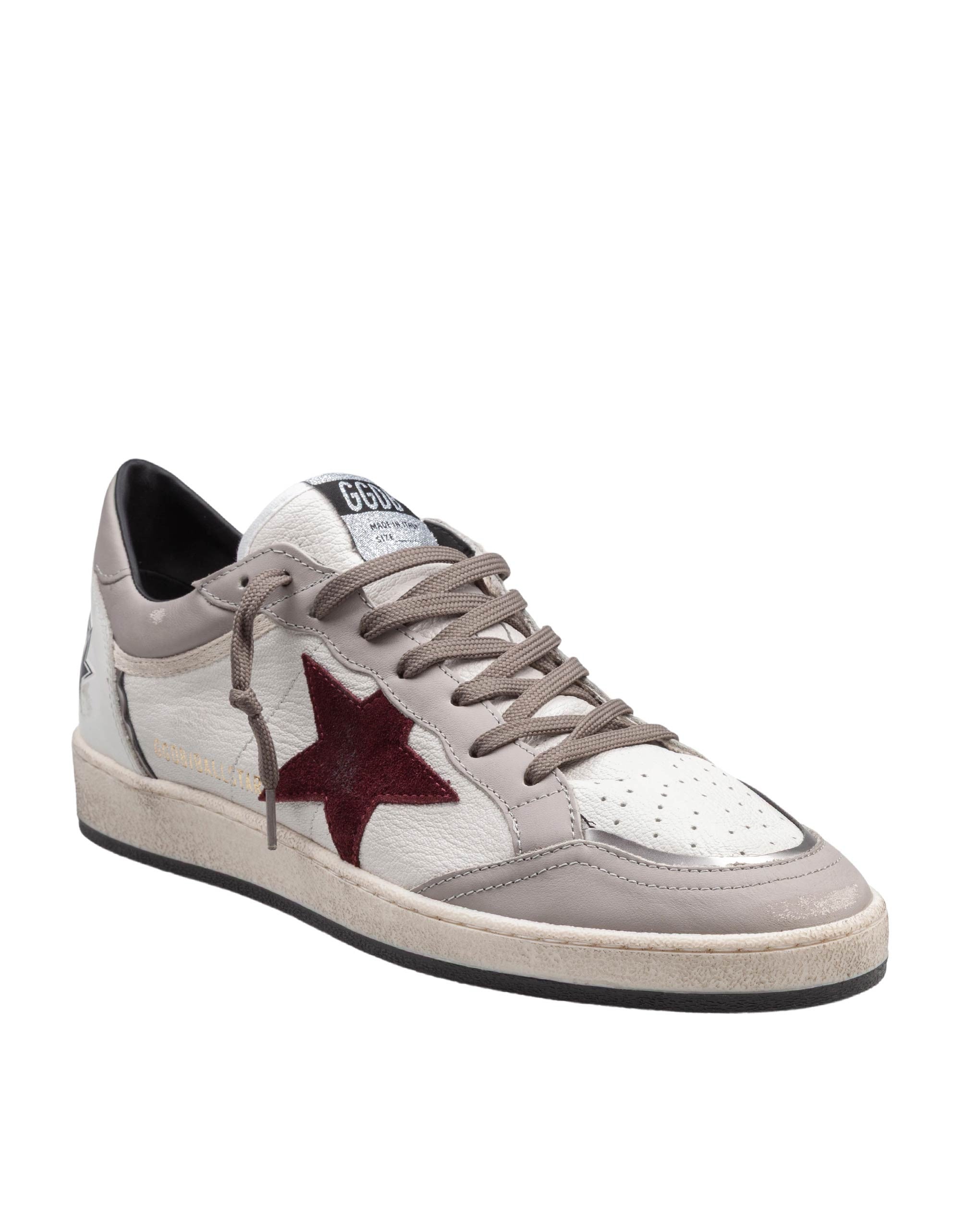 GOLDEN GOOSE BALLSTAR NAPPA LEATHER SNEAKERS IN WHITE, DOVE, AND BURGUNDY