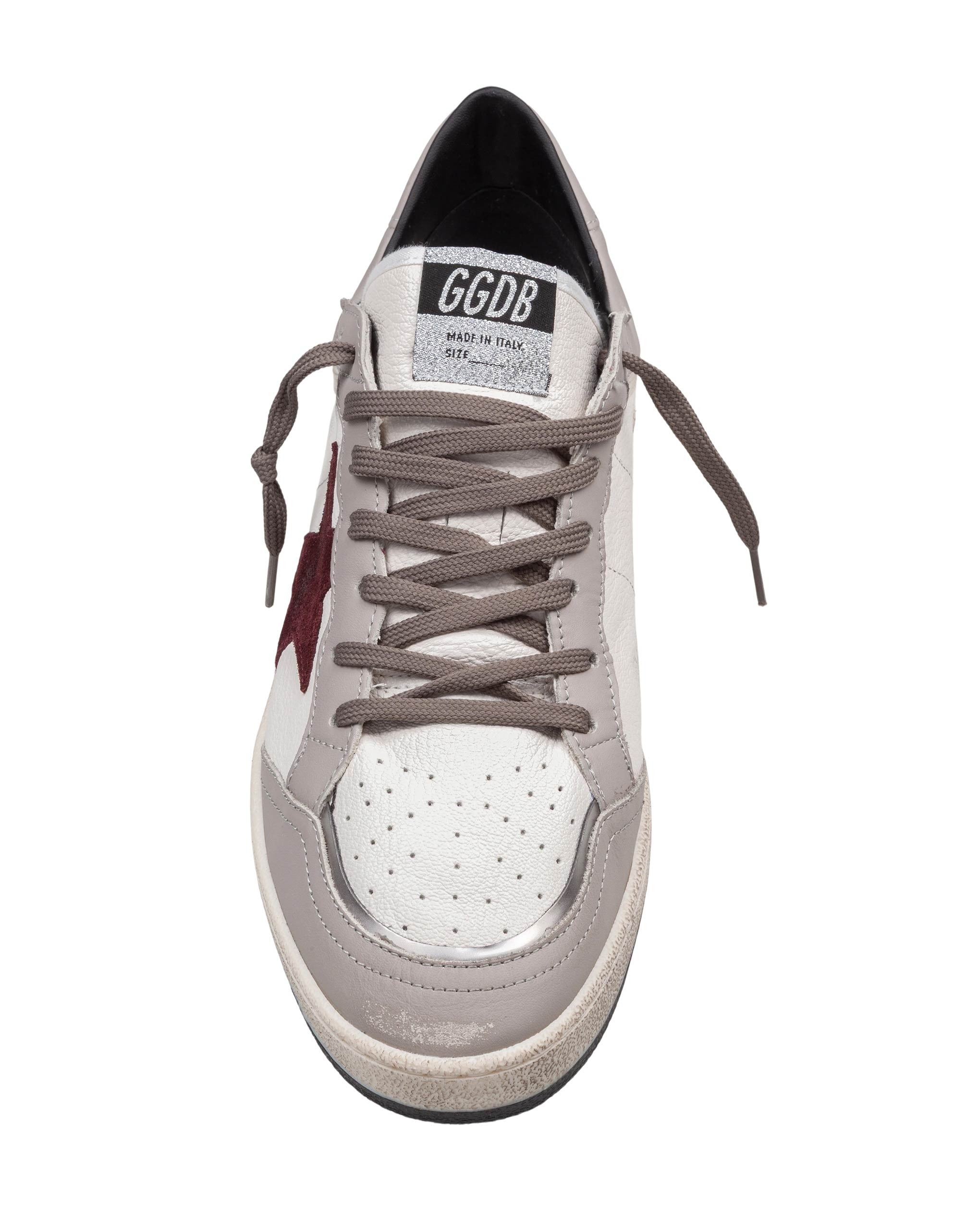 GOLDEN GOOSE BALLSTAR NAPPA LEATHER SNEAKERS IN WHITE, DOVE, AND BURGUNDY