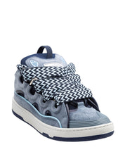 LANVIN CURB LEATHER AND FABRIC SNEAKERS, BLUE/GREY