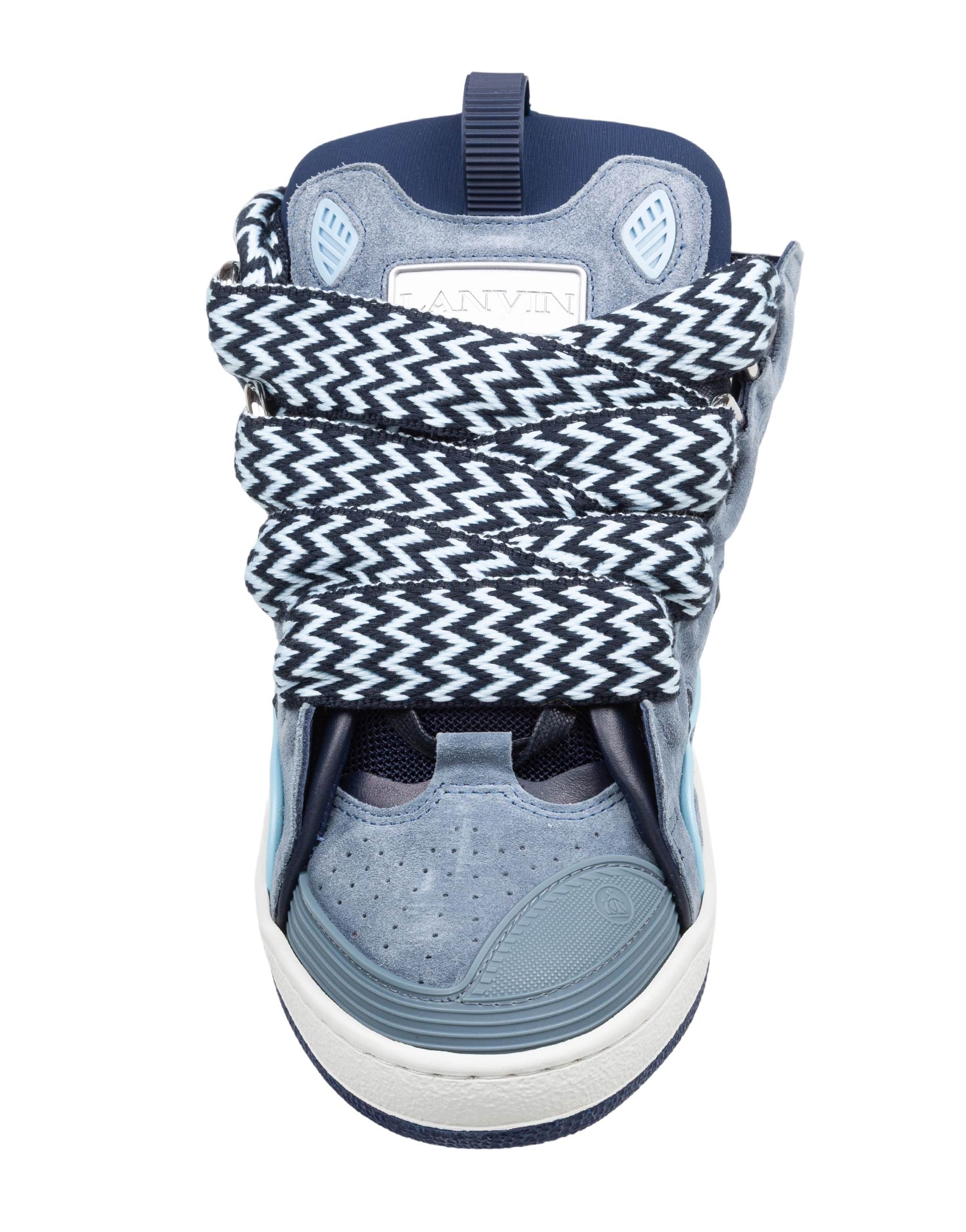 LANVIN CURB LEATHER AND FABRIC SNEAKERS, BLUE/GREY