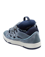 LANVIN CURB LEATHER AND FABRIC SNEAKERS, BLUE/GREY