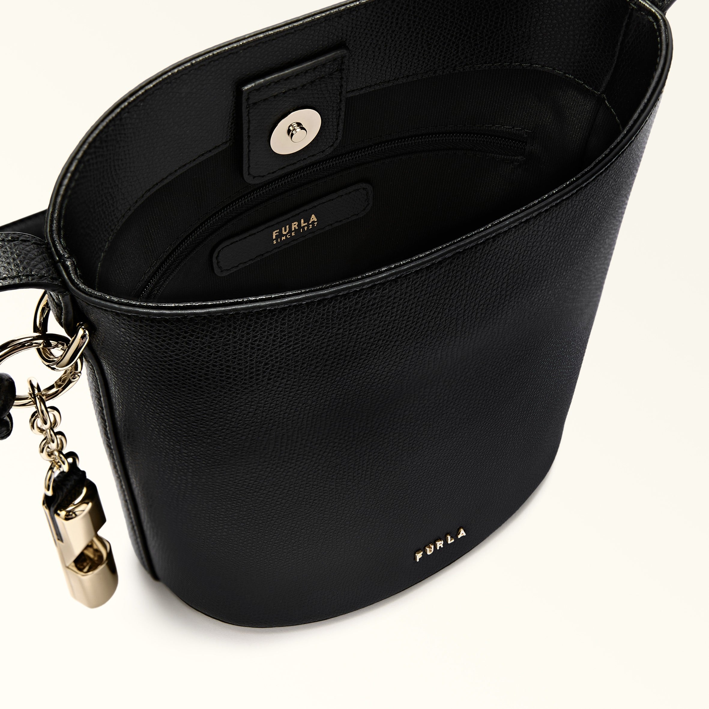 FURLA ROXIE MINI LEATHER BUCKET BAG, BLACK
