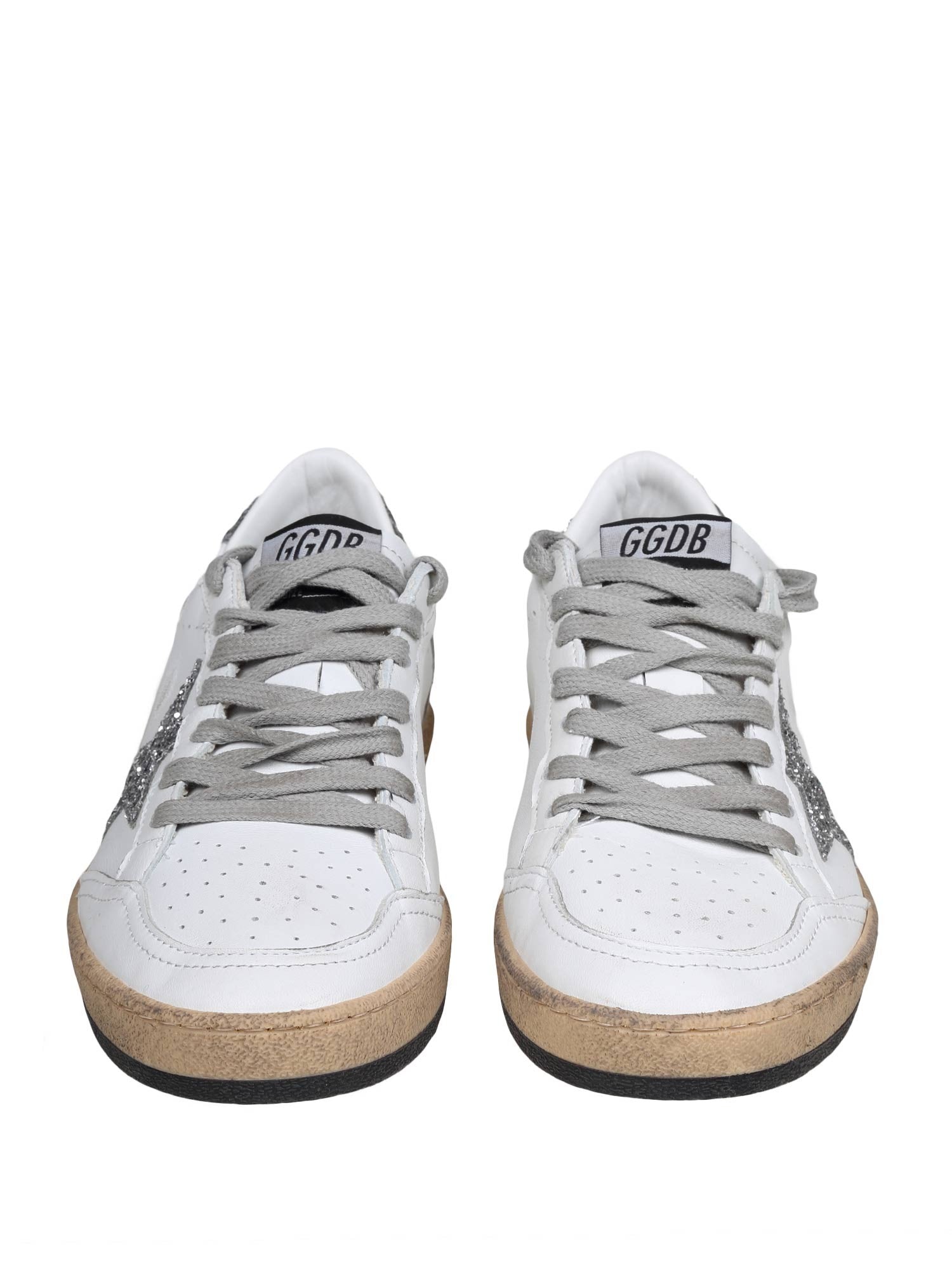 GOLDEN GOOSE BALLSTAR SNEAKERS IN WHITE AND SILVER LEATHER
