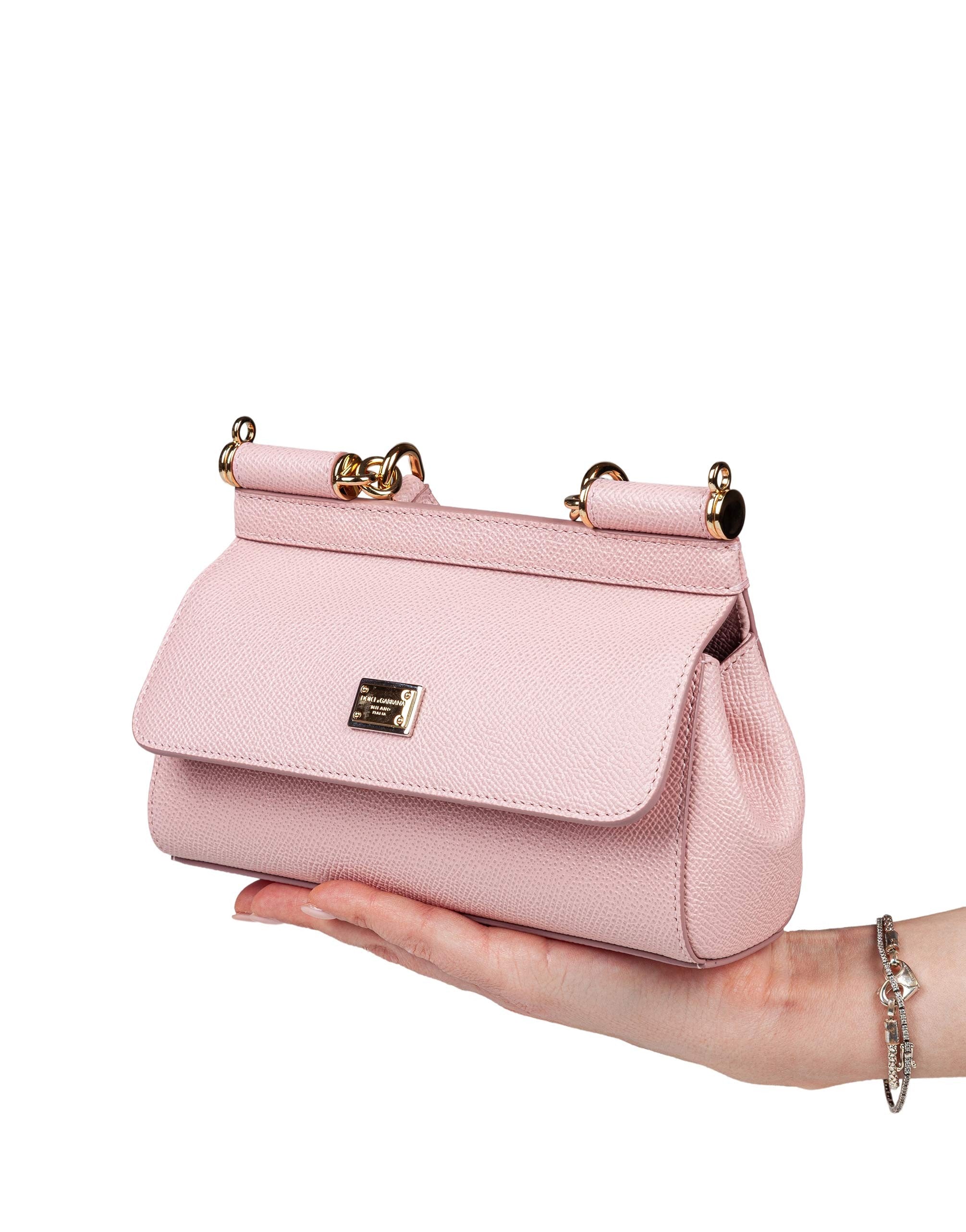DOLCE & GABBANA MINI SICILY BAG IN DAUPHINE LEATHER, NUDE PINK