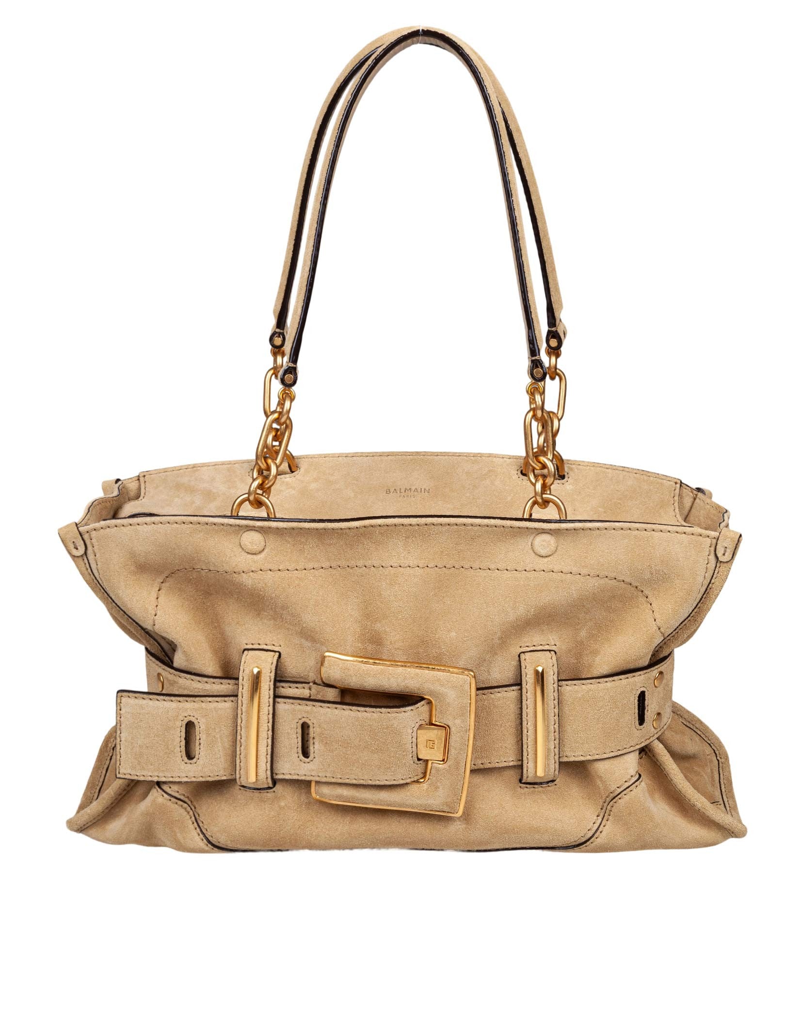 BALMAIN ANTHEM SUEDE SHOULDER BAG, BEIGE