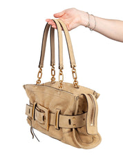BALMAIN ANTHEM SUEDE SHOULDER BAG, BEIGE