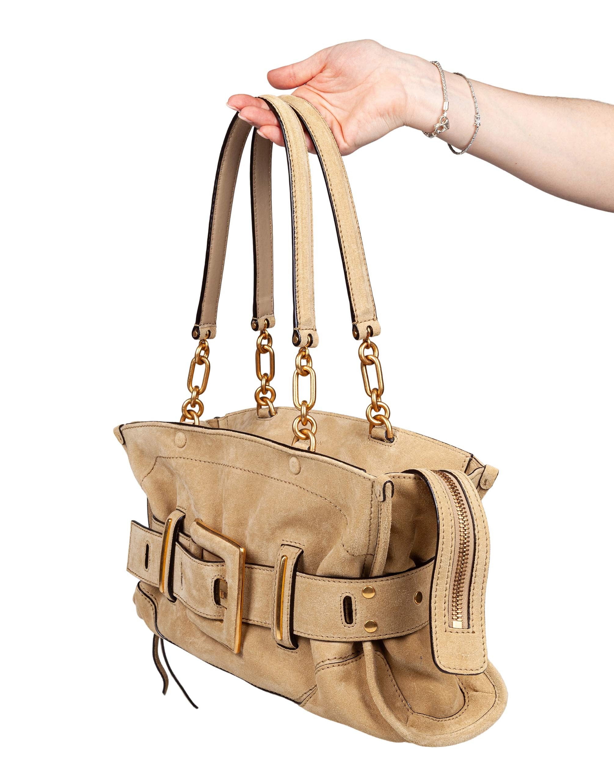 BALMAIN ANTHEM SUEDE SHOULDER BAG, BEIGE