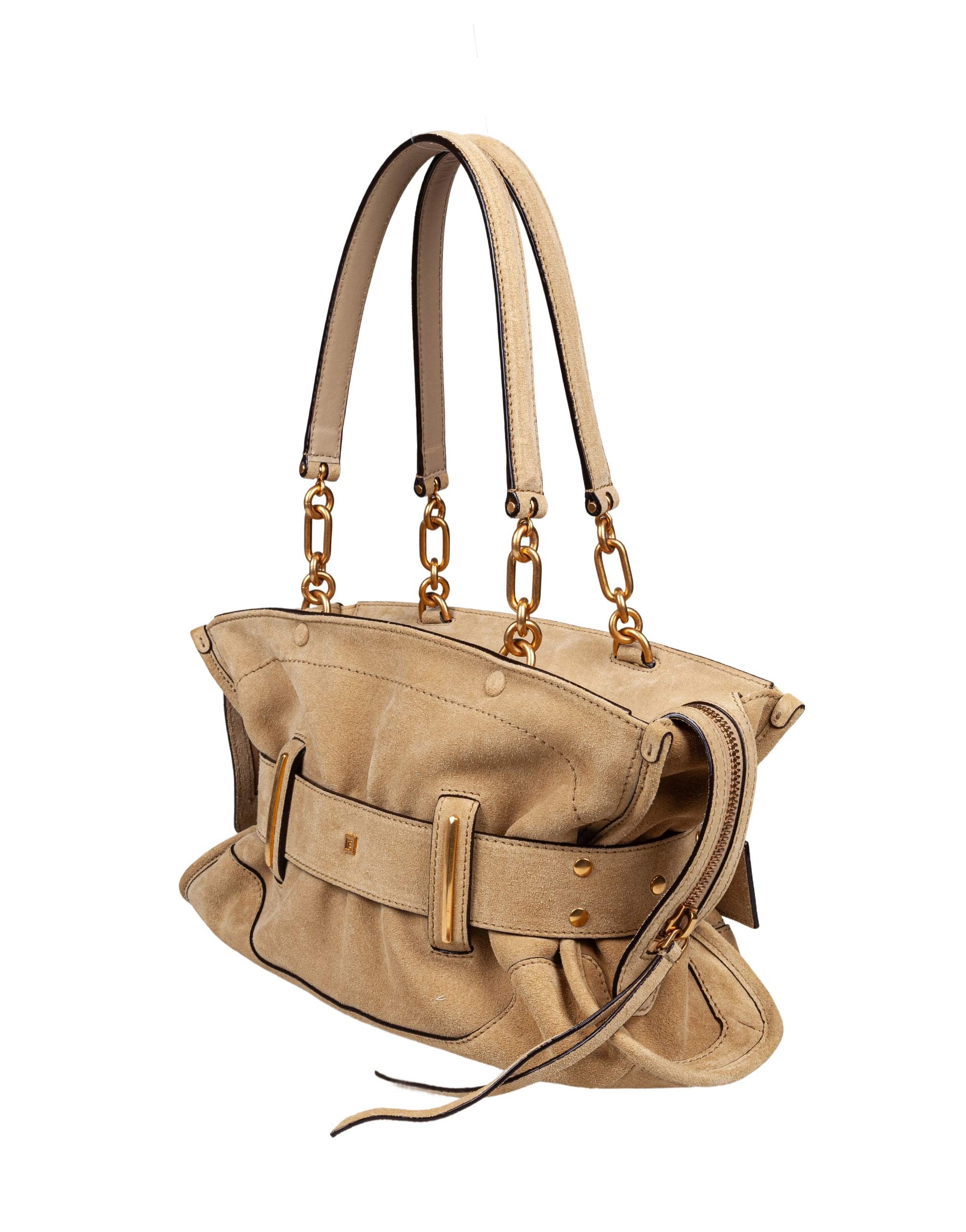 BALMAIN ANTHEM SUEDE SHOULDER BAG, BEIGE