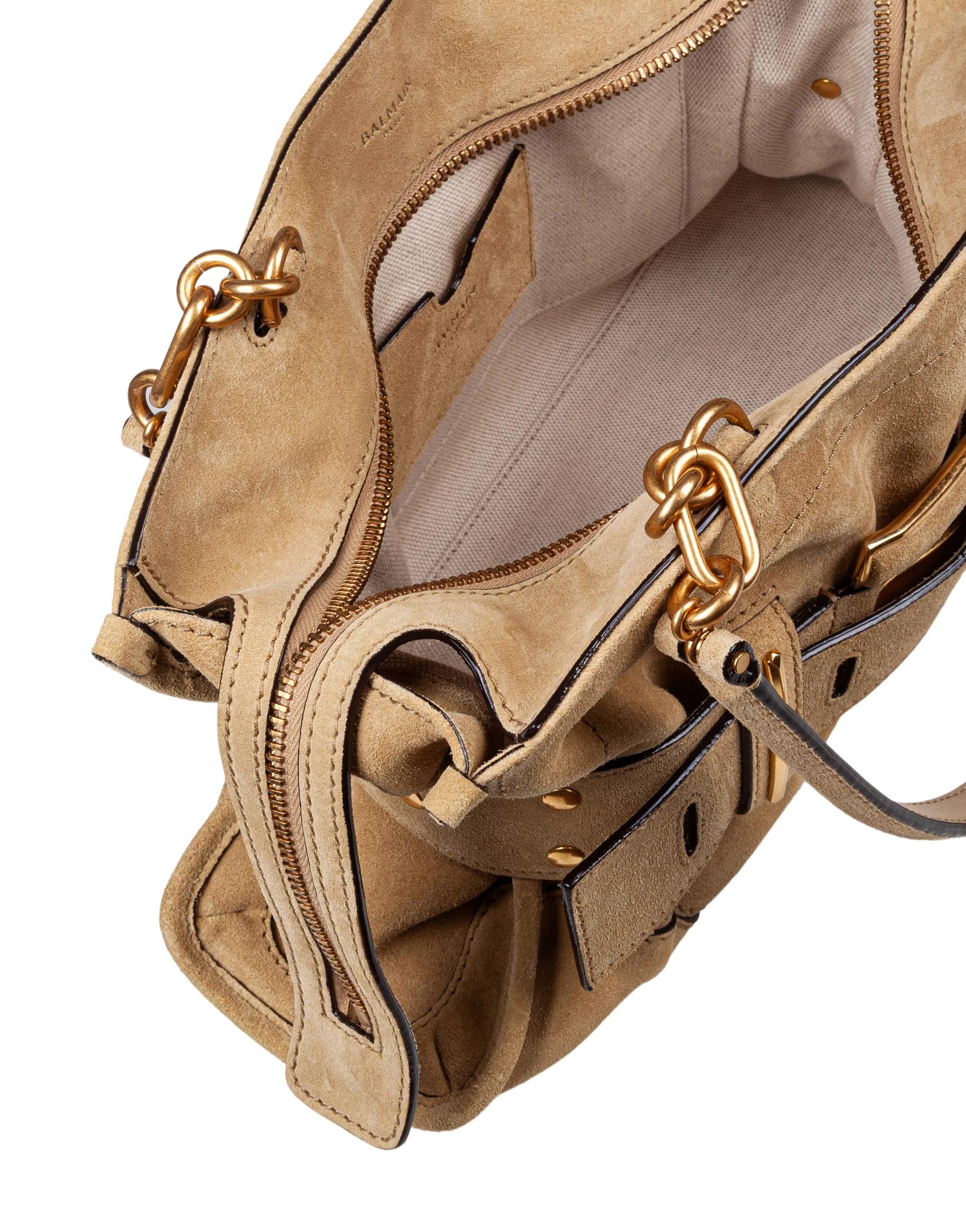 BALMAIN ANTHEM SUEDE SHOULDER BAG, BEIGE