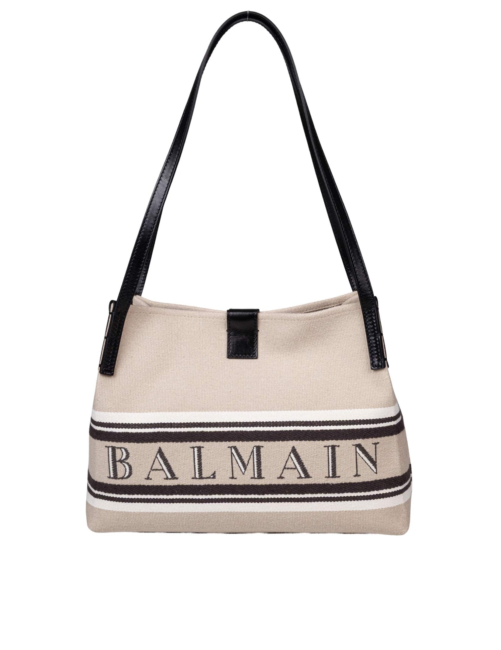 BALMAIN RELEASE CANVAS AND LEATHER SHOPPER BAG WITH LOGO
