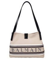 BALMAIN RELEASE CANVAS AND LEATHER SHOPPER BAG WITH LOGO