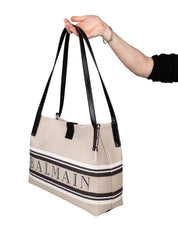 BALMAIN RELEASE CANVAS AND LEATHER SHOPPER BAG WITH LOGO