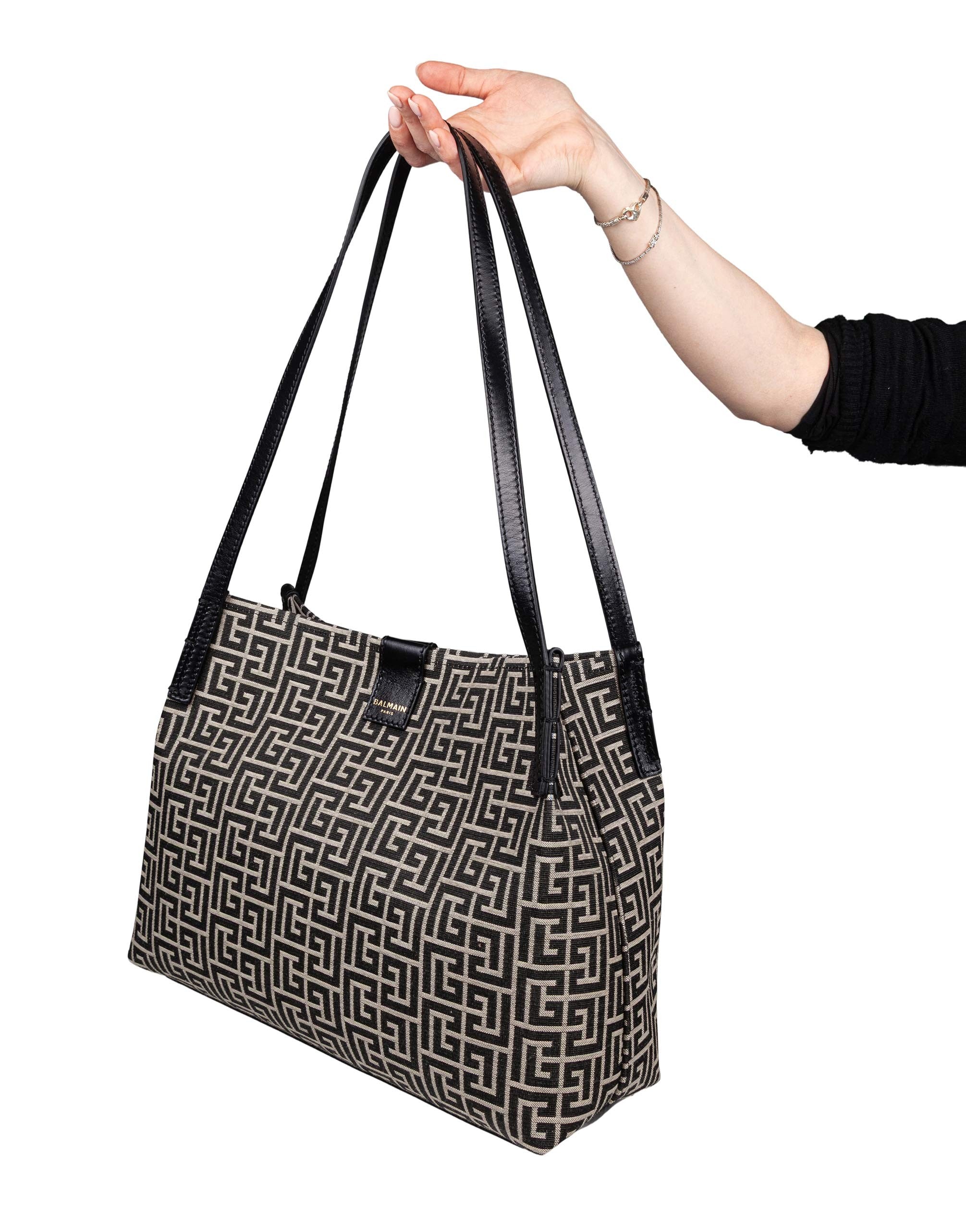 BALMAIN RELEASE CANVAS AND LEATHER SHOPPER BAG, IVORY AND BLACK