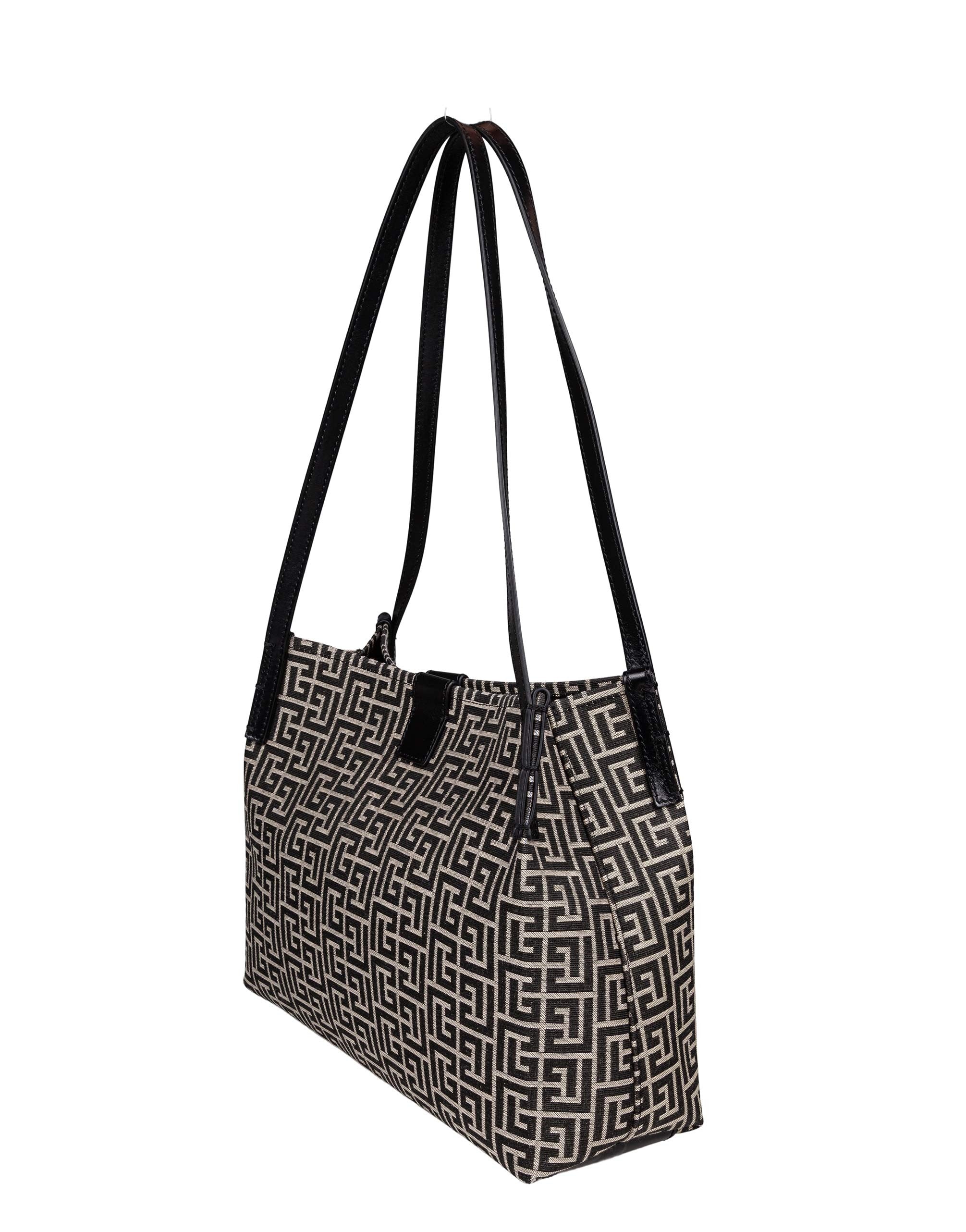 BALMAIN RELEASE CANVAS AND LEATHER SHOPPER BAG, IVORY AND BLACK